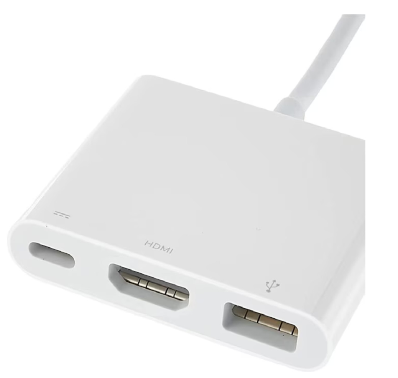 Weißer HDMI-Adapter mit Anschlüssen. Verfügt über einen HDMI- und einen USB-Anschluss.