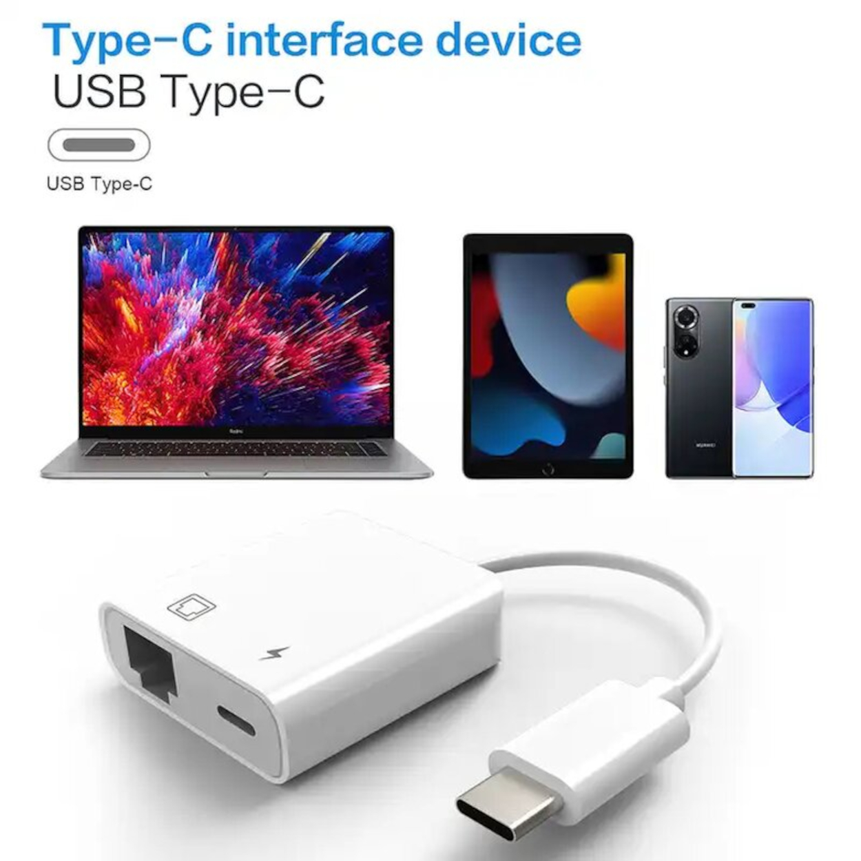 Weißer Adapter, verbunden mit Laptop, Tablet und Telefon. Typ-C Schnittstelle.