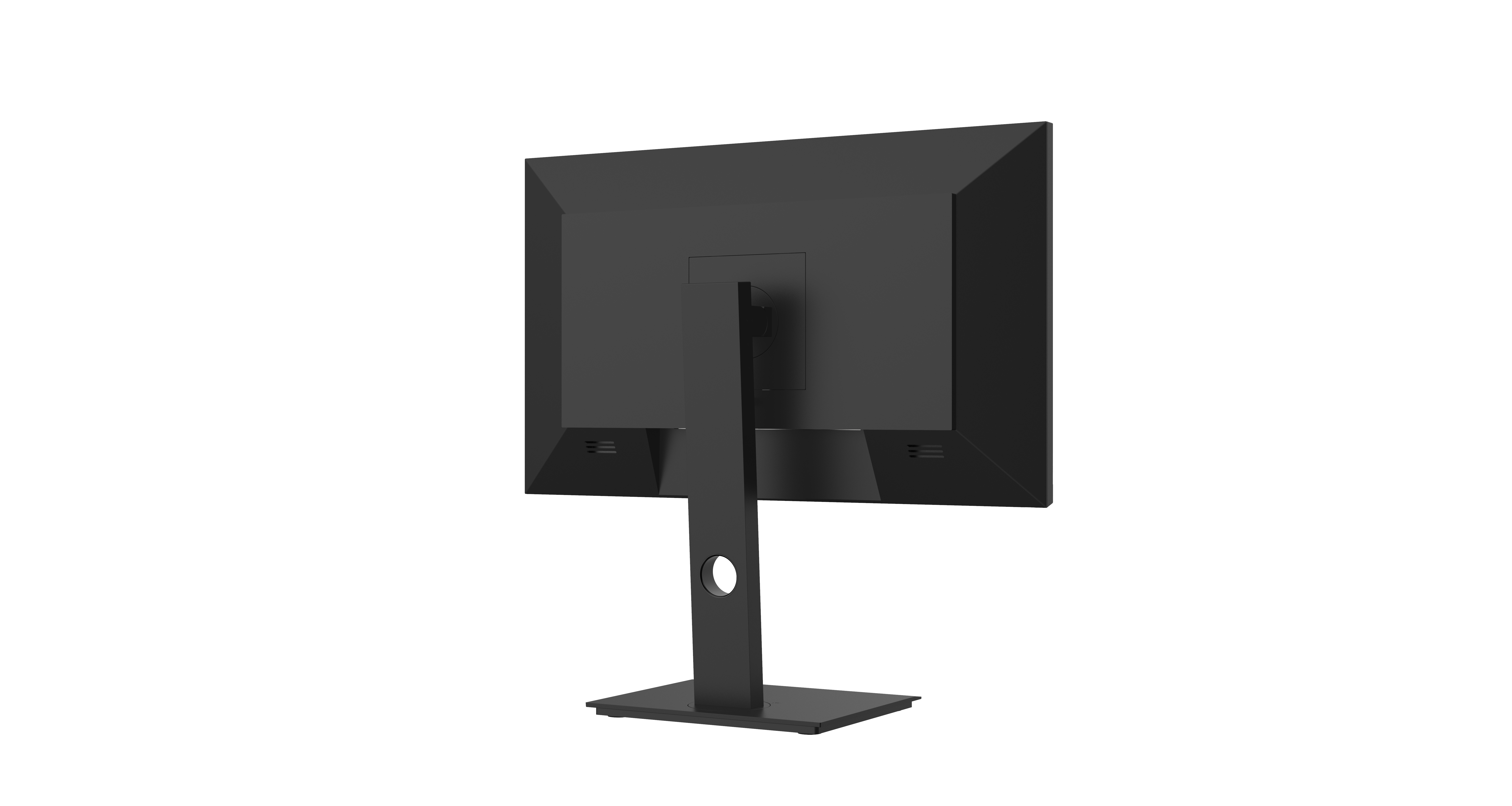 Widok z tyłu czarnego monitora komputera ze stojakiem na czarnym tle.