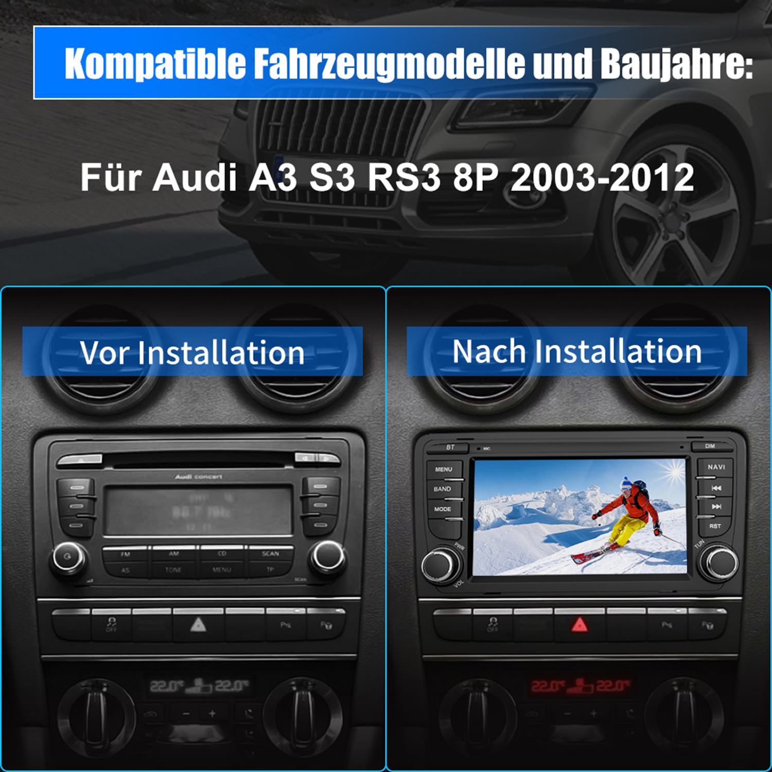 Vergleich der Autoradio-Installation. Zeigt vor und nach der Installation eines neuen Autoradiosystems.