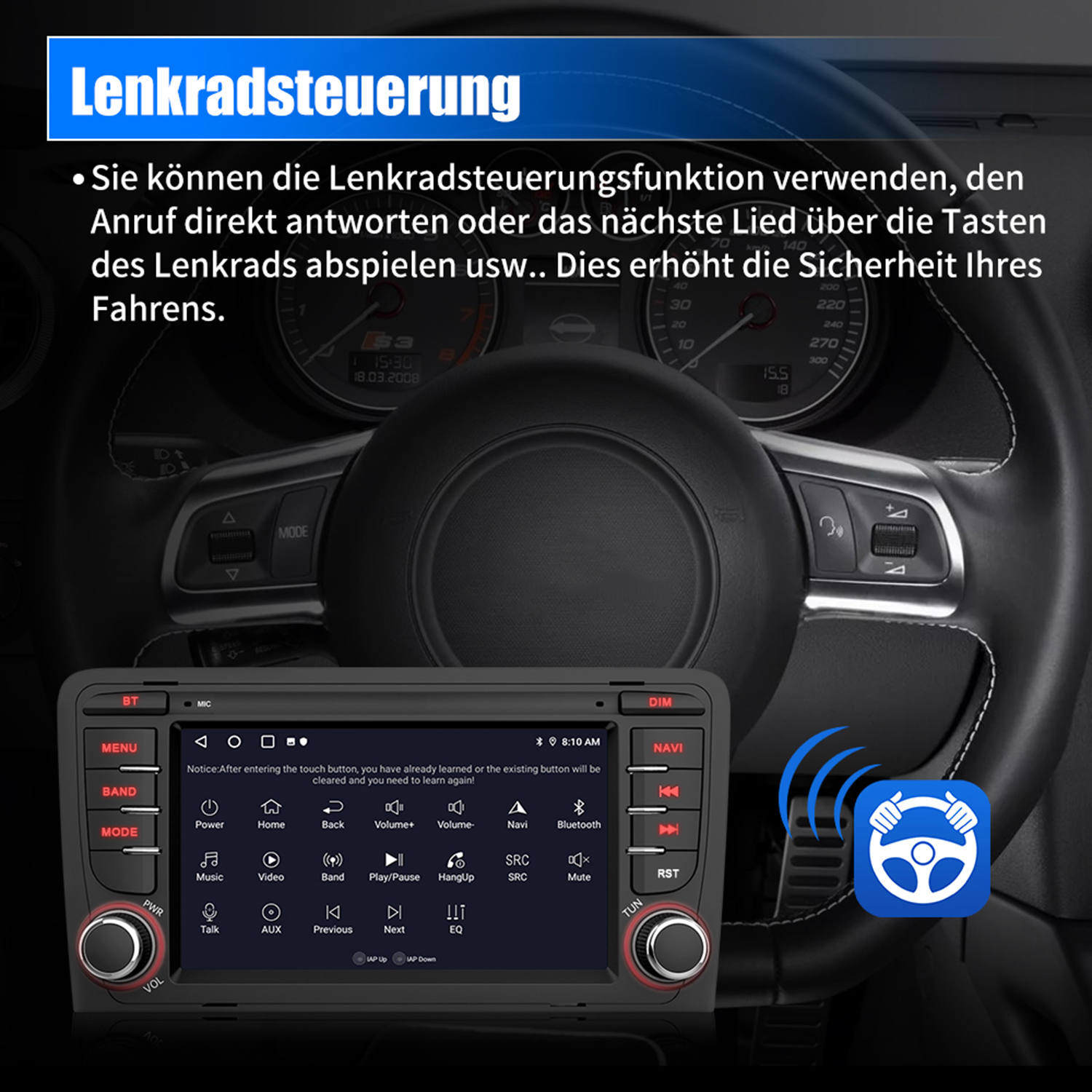 Armaturenbrett mit Bildschirm, Lenkrad und Text in Deutsch.