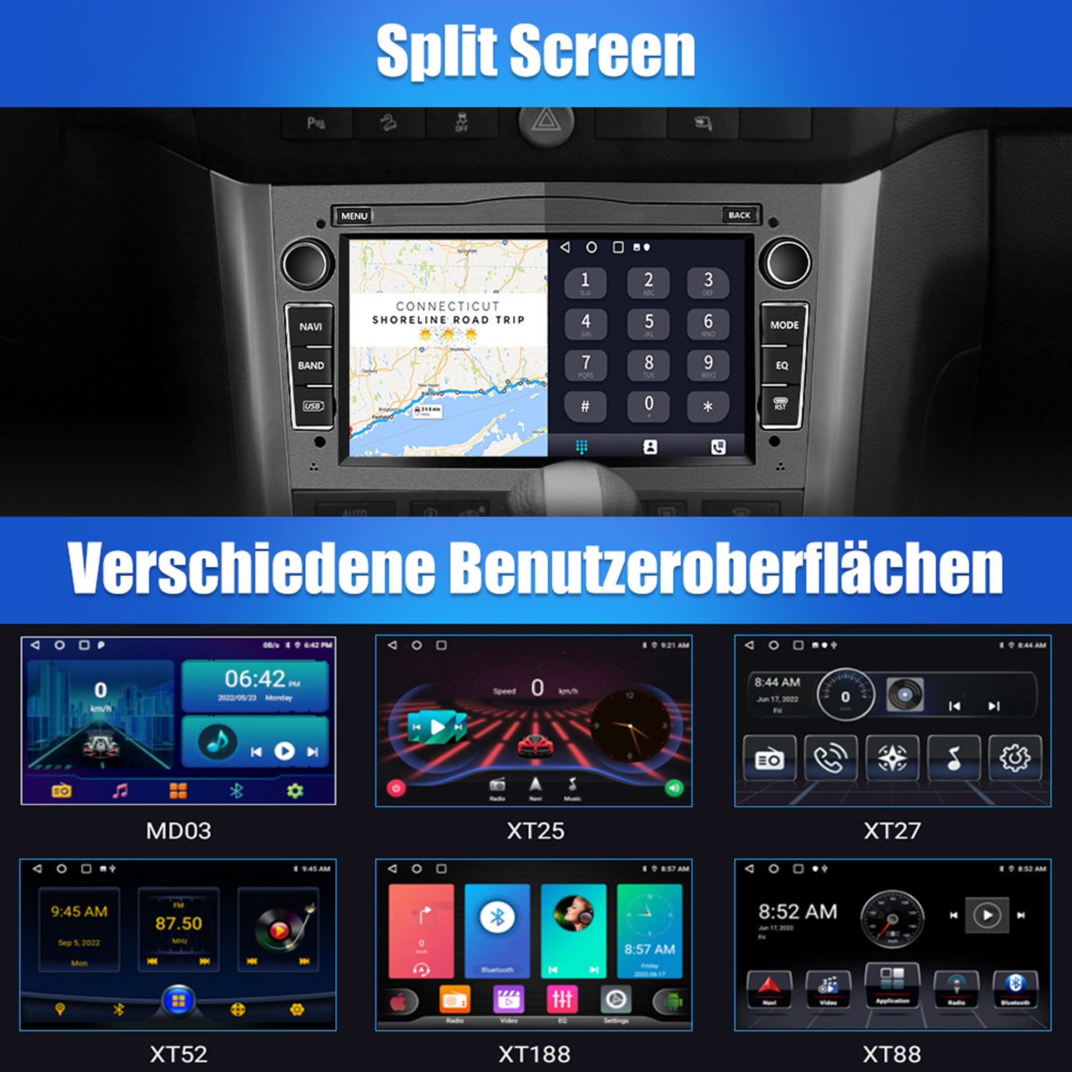 Armaturenbrett mit geteiltem Bildschirm: Karte, Zifferntastatur, verschiedene Oberflächen.