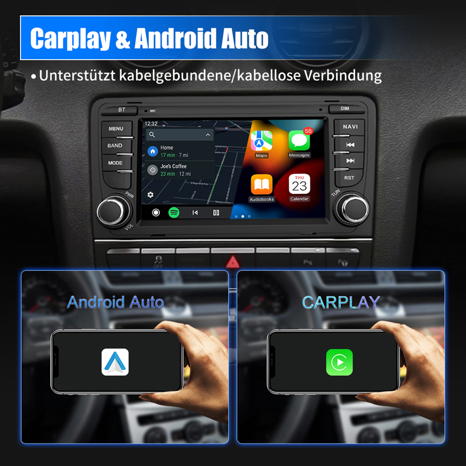 Autoradio mit CarPlay- und Android Auto-Oberfläche und verbundenen Handys.