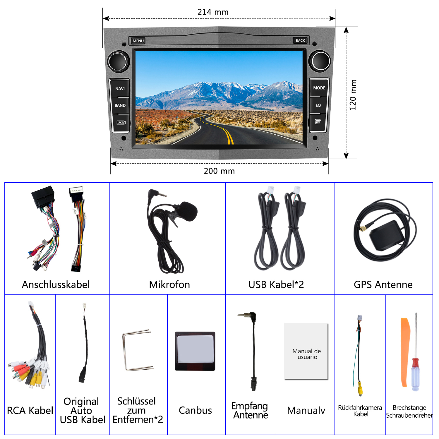 Auto-Multimediasystem mit Bildschirm und Zubehör, einschließlich Kabel, Mikrofon und GPS-Antenne.