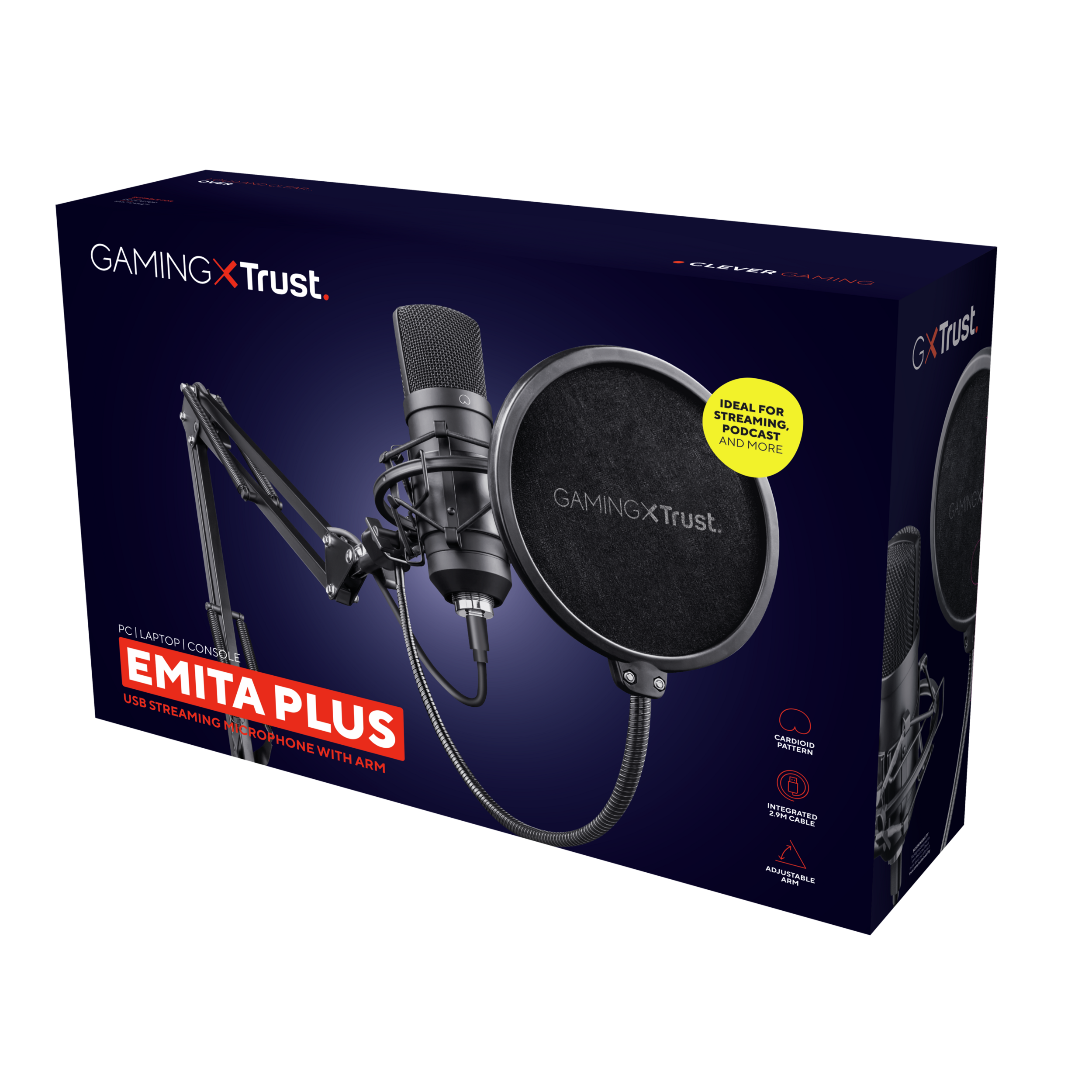Gaming-Mikrofon-Kit in einer Box. Enthält ein Mikrofon, einen Arm und einen Pop-Filter.