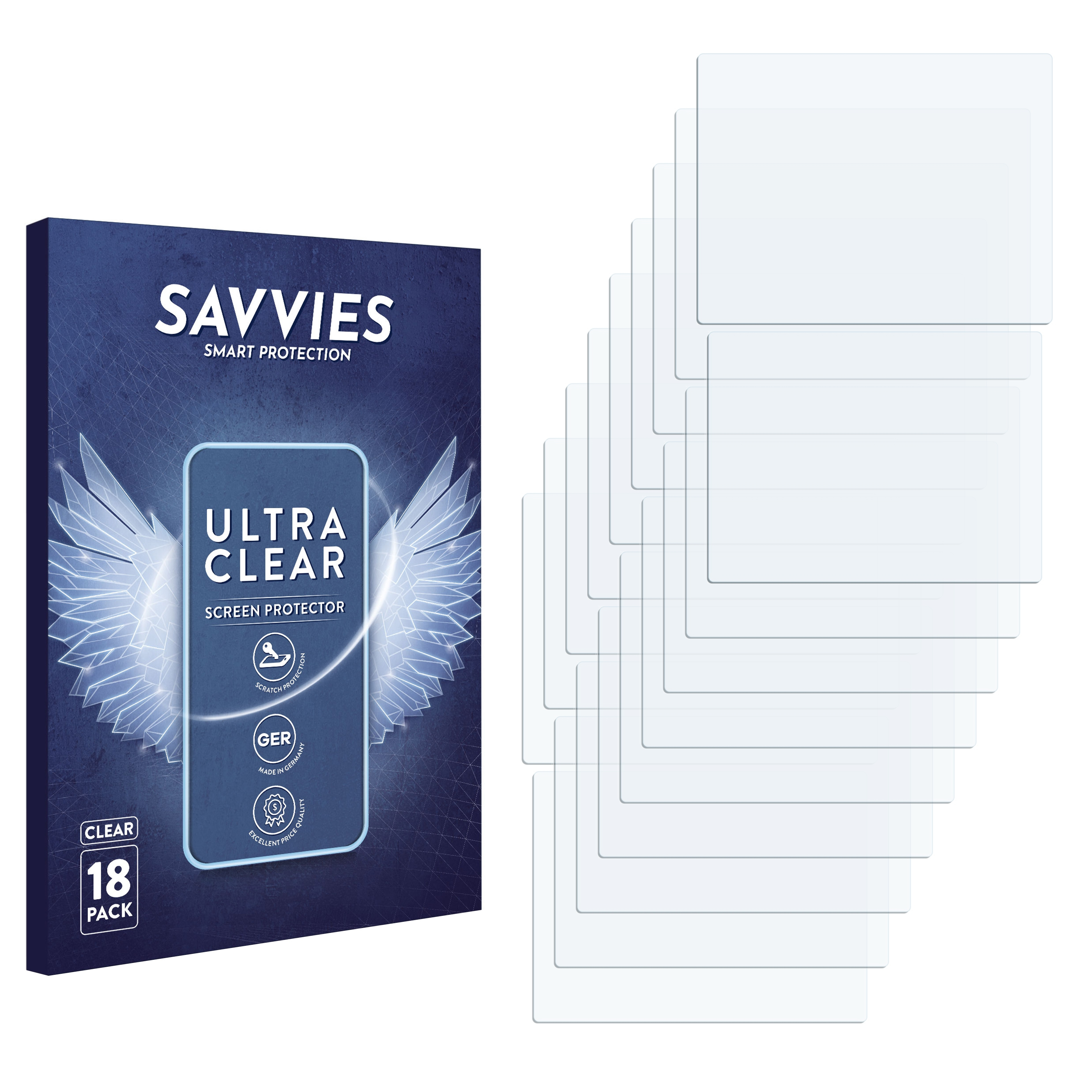 Displayschutzfolienbox und Schutzfolien, transparente Folien sichtbar.