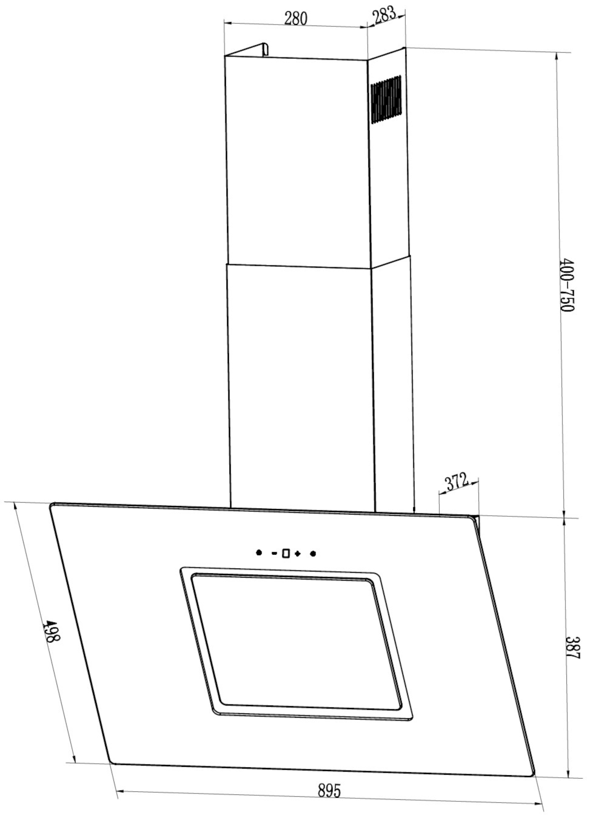 Technische Zeichnung einer Dunstabzugshaube mit Abmessungen und Konstruktionsdetails.