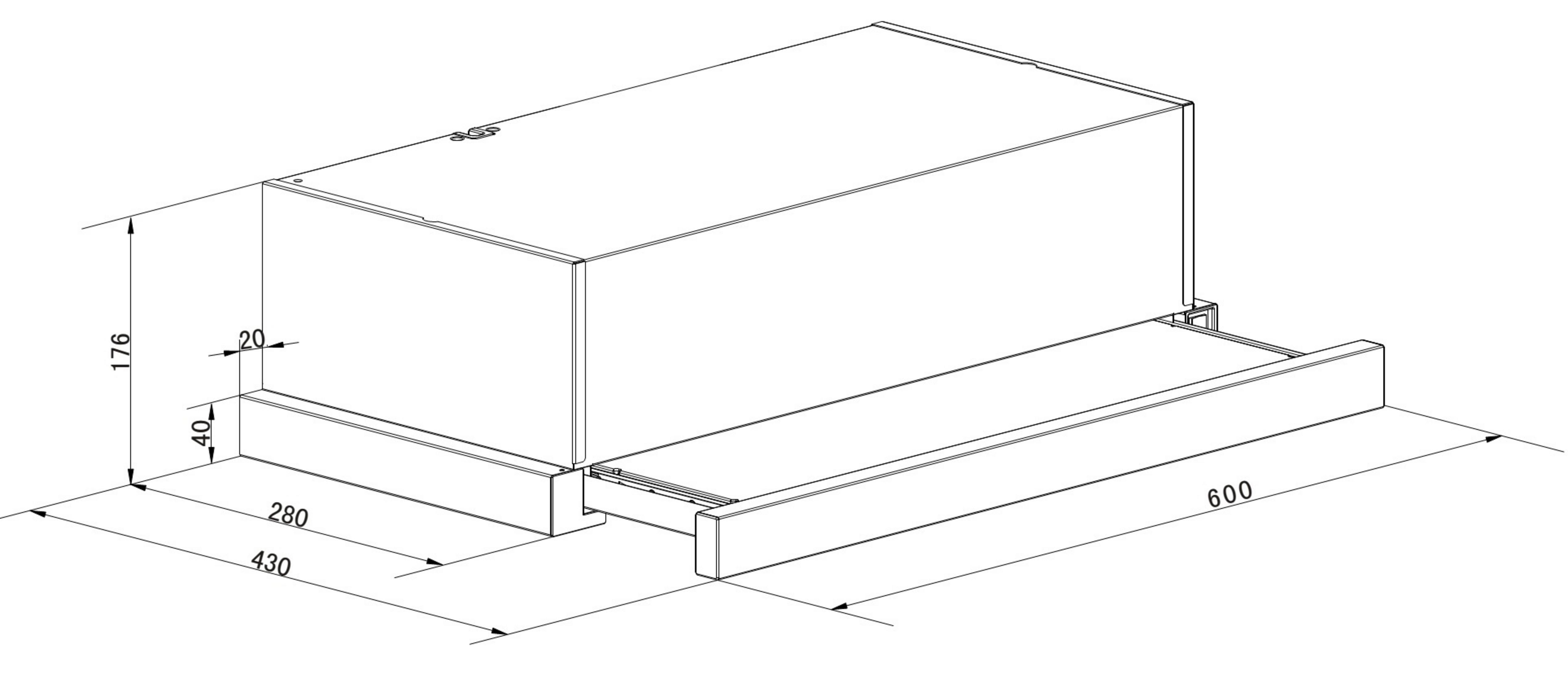 Diagramm eines rechteckigen Kastens mit Messungen und einer Schublade.