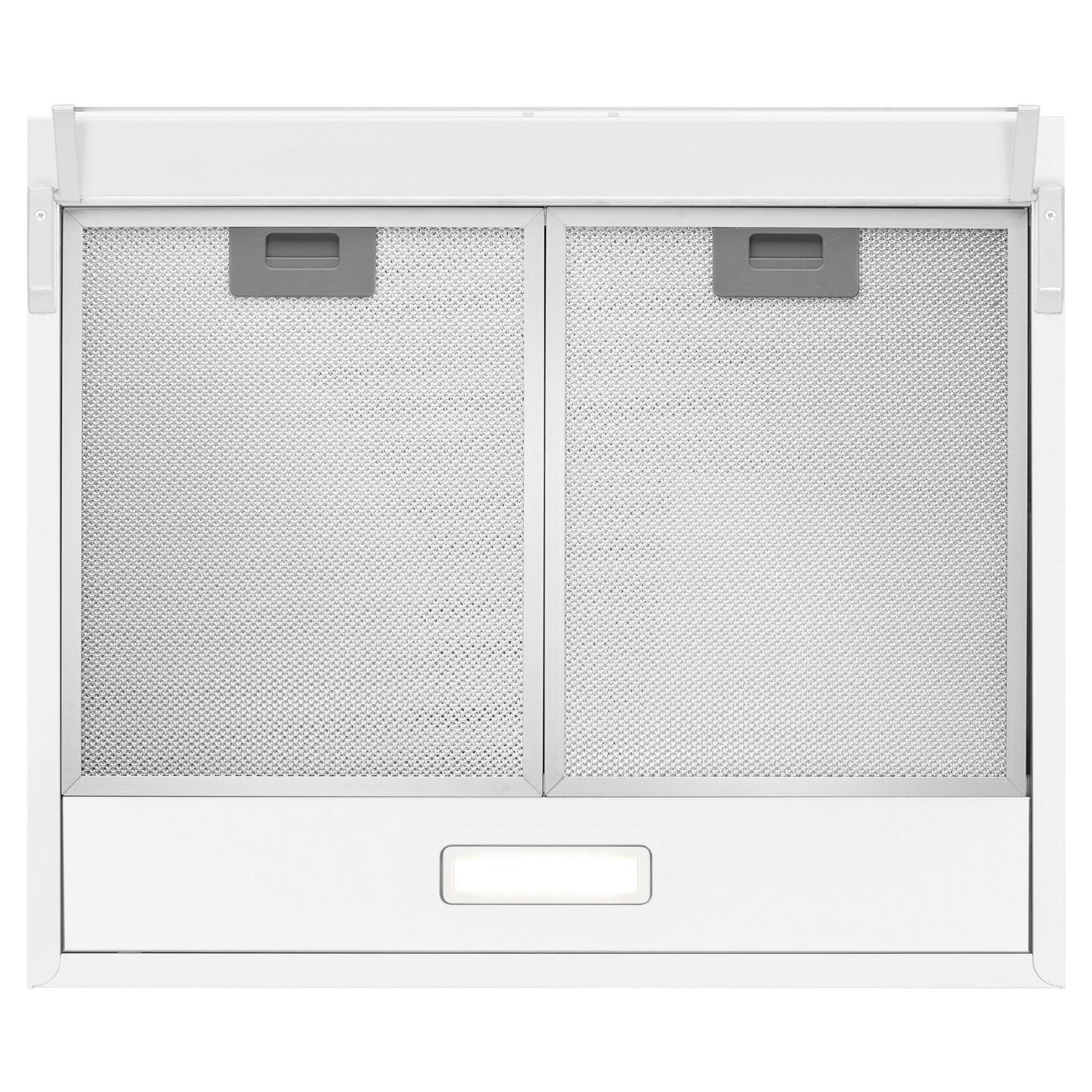 Cappa da cucina bianca con due filtri a rete e pannello di controllo. Design pulito e minimalista.