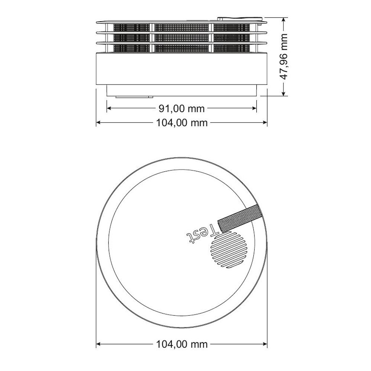 Diagramm eines Rauchmelders. Zeigt Draufsicht und Seitenansicht mit Abmessungen in Millimetern.
