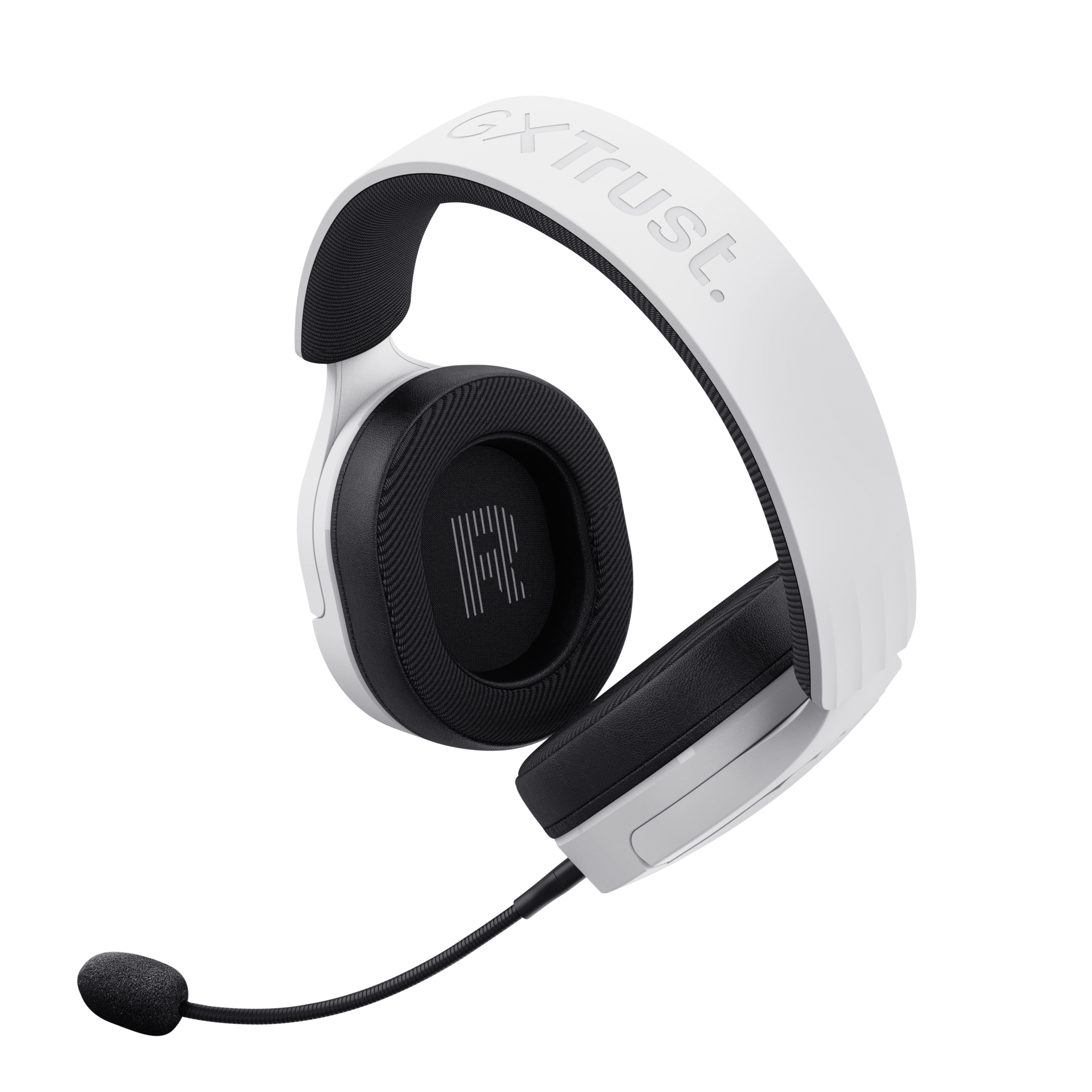 Biały zestaw słuchawkowy do gier z czarnymi nausznikami, mikrofonem i napisem 'trust'.