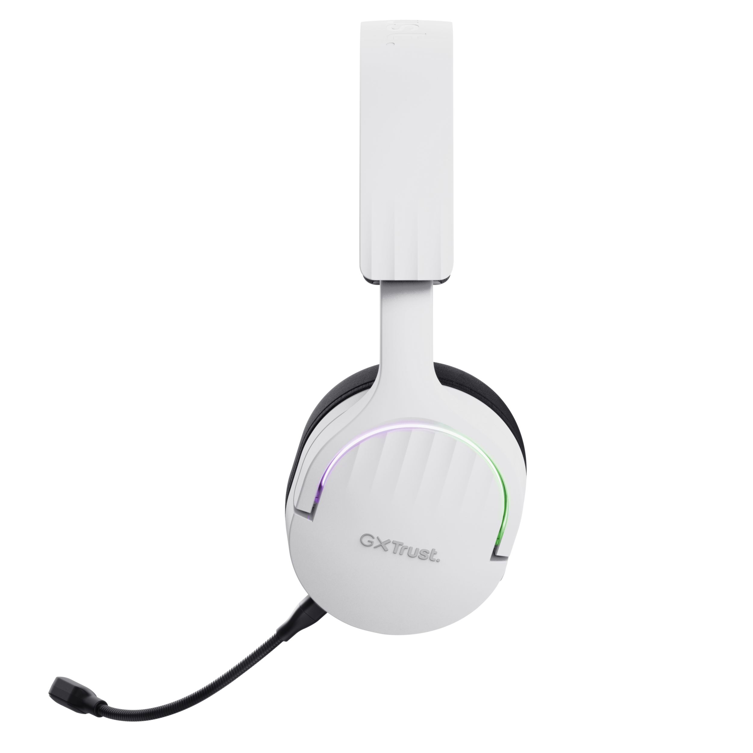 Biały zestaw słuchawkowy do gier z mikrofonem na czarnym tle.