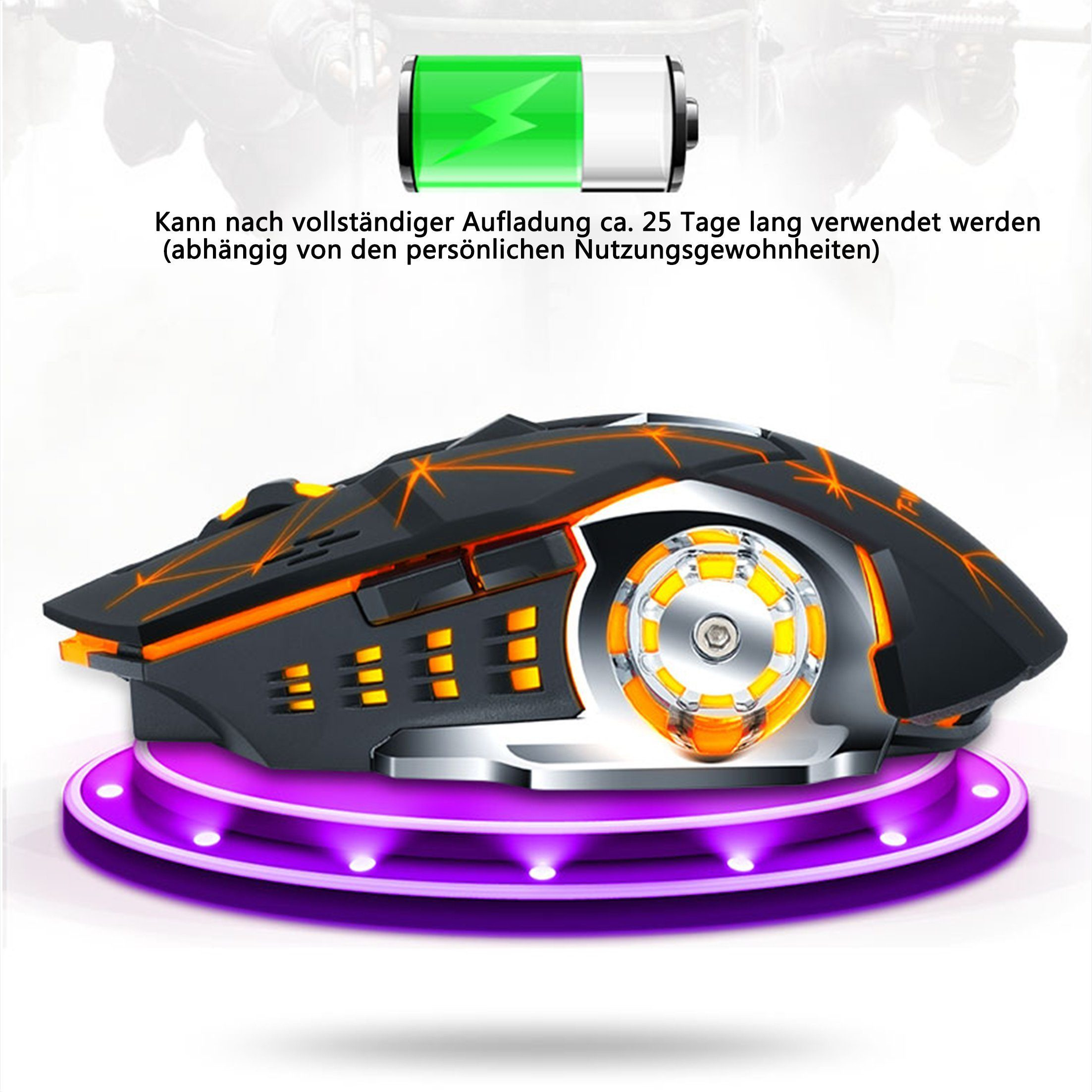 Schwarze und orangefarbene Gaming-Maus auf einer lila Plattform. Akku-Symbol oben.