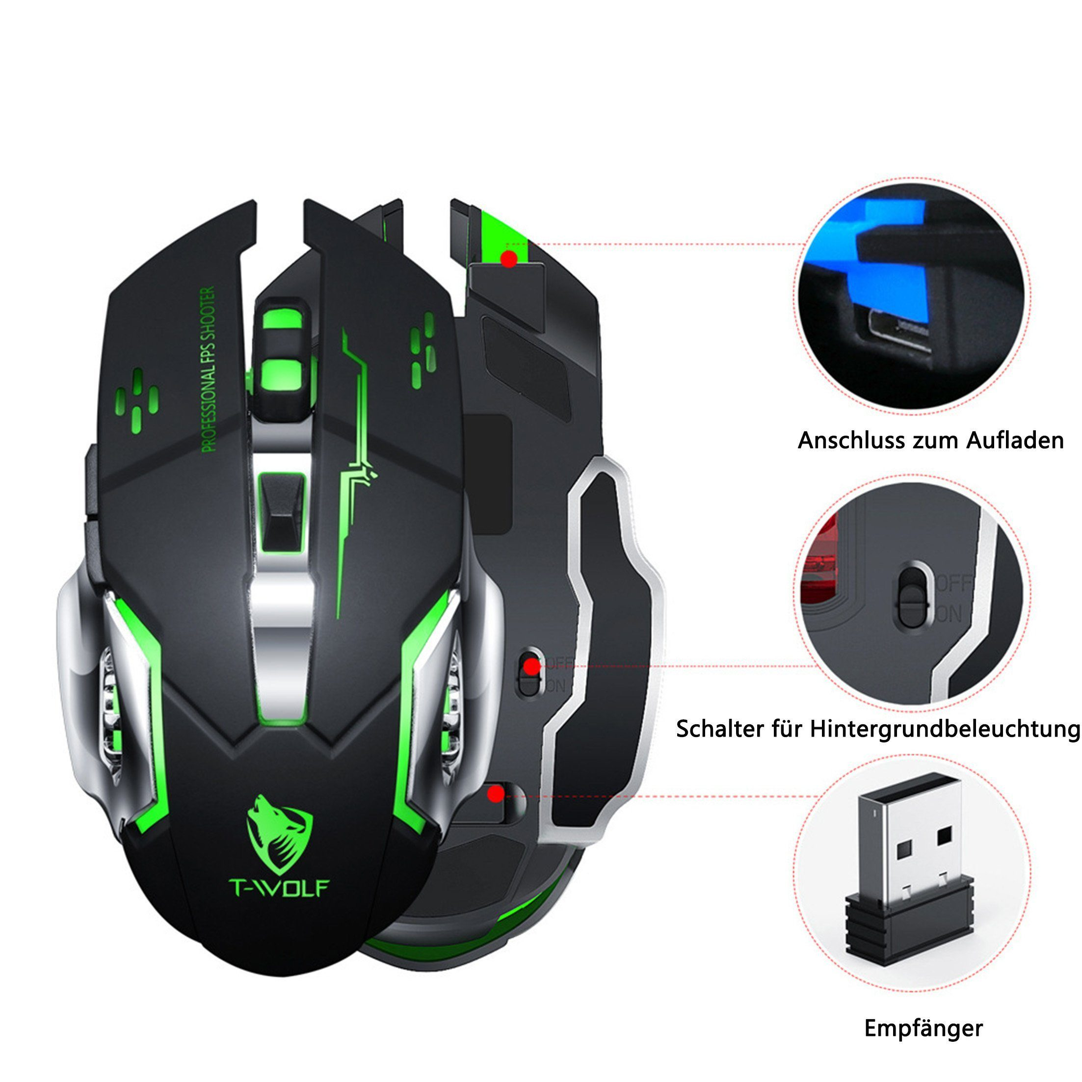 Gaming-Maus mit grünen Lichtern, Knöpfen und einem USB-Empfänger daneben.