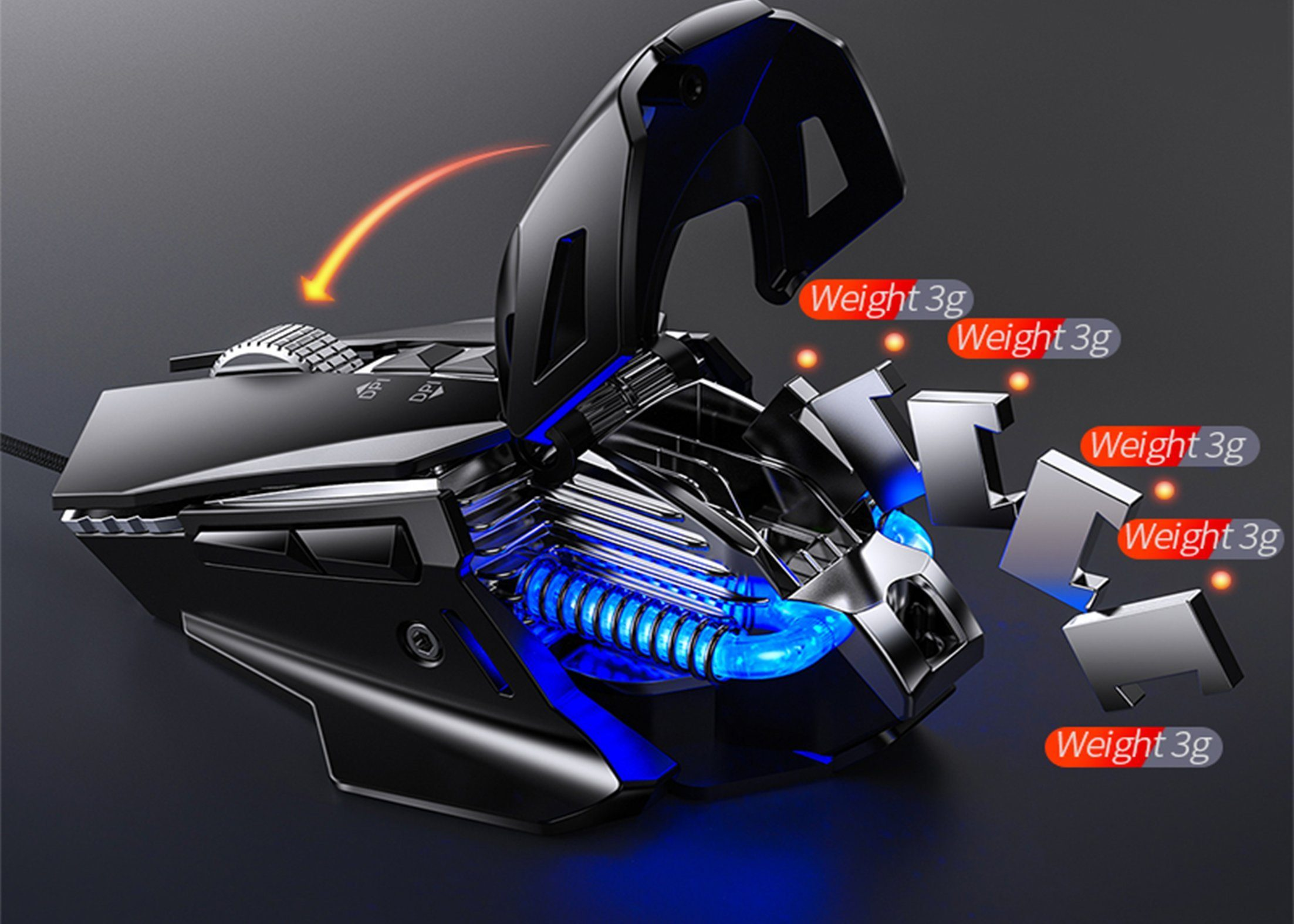 Mysz gamingowa z odłączanymi ciężarkami, czarny i niebieski design. Ciężarki oznaczone jako 'Weight 3g'.