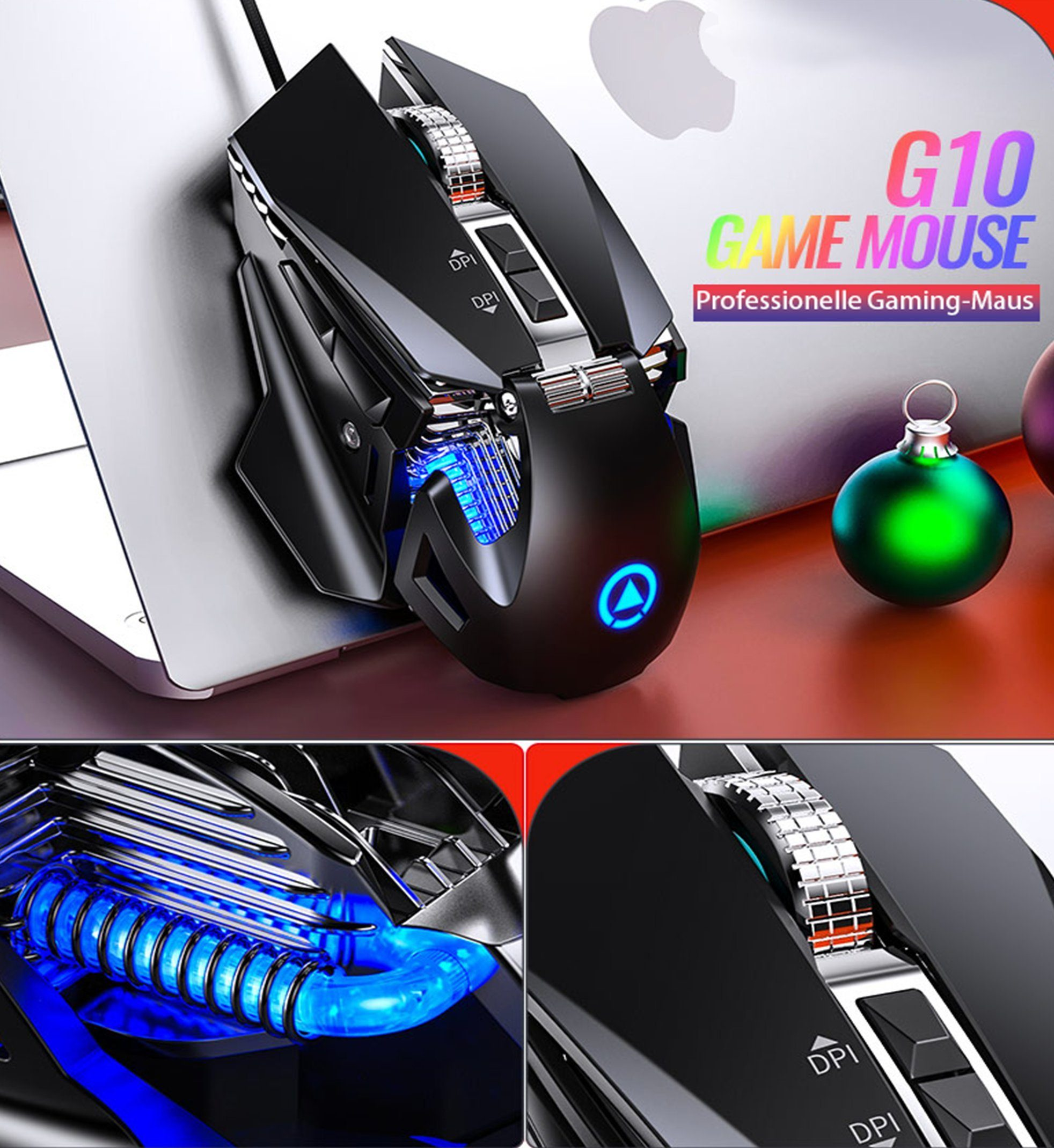 Schwarze Gaming-Maus mit blauen Lichtern, einer DPI-Taste und einem silbernen Scrollrad.
