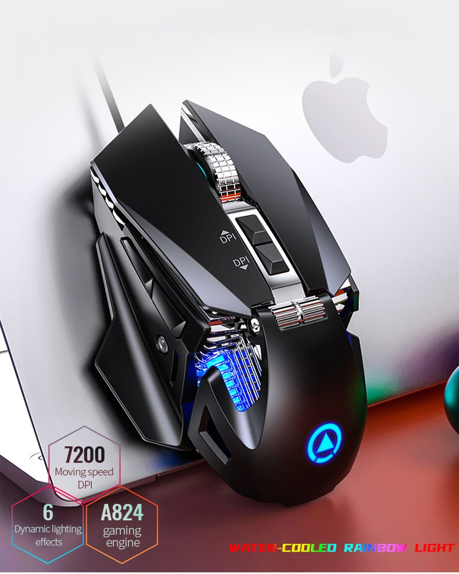 Mysz do gier z przyciskami i światłami. Tekst: 7200 Prędkość ruchu DPI, 6 dynamicznych efektów świetlnych, silnik gier A824.