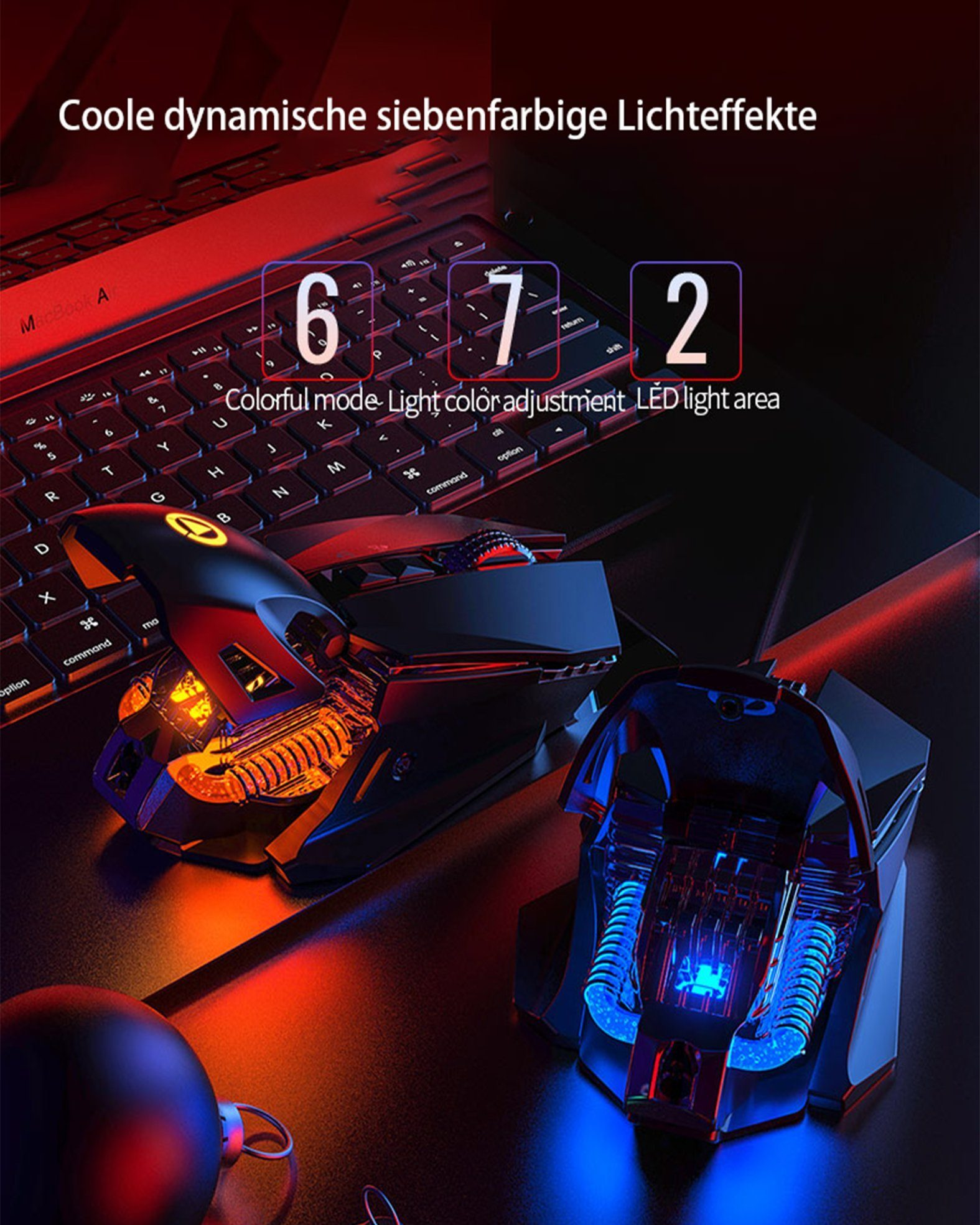 Mysz do gier z diodami LED na czarnej powierzchni obok klawiatury.