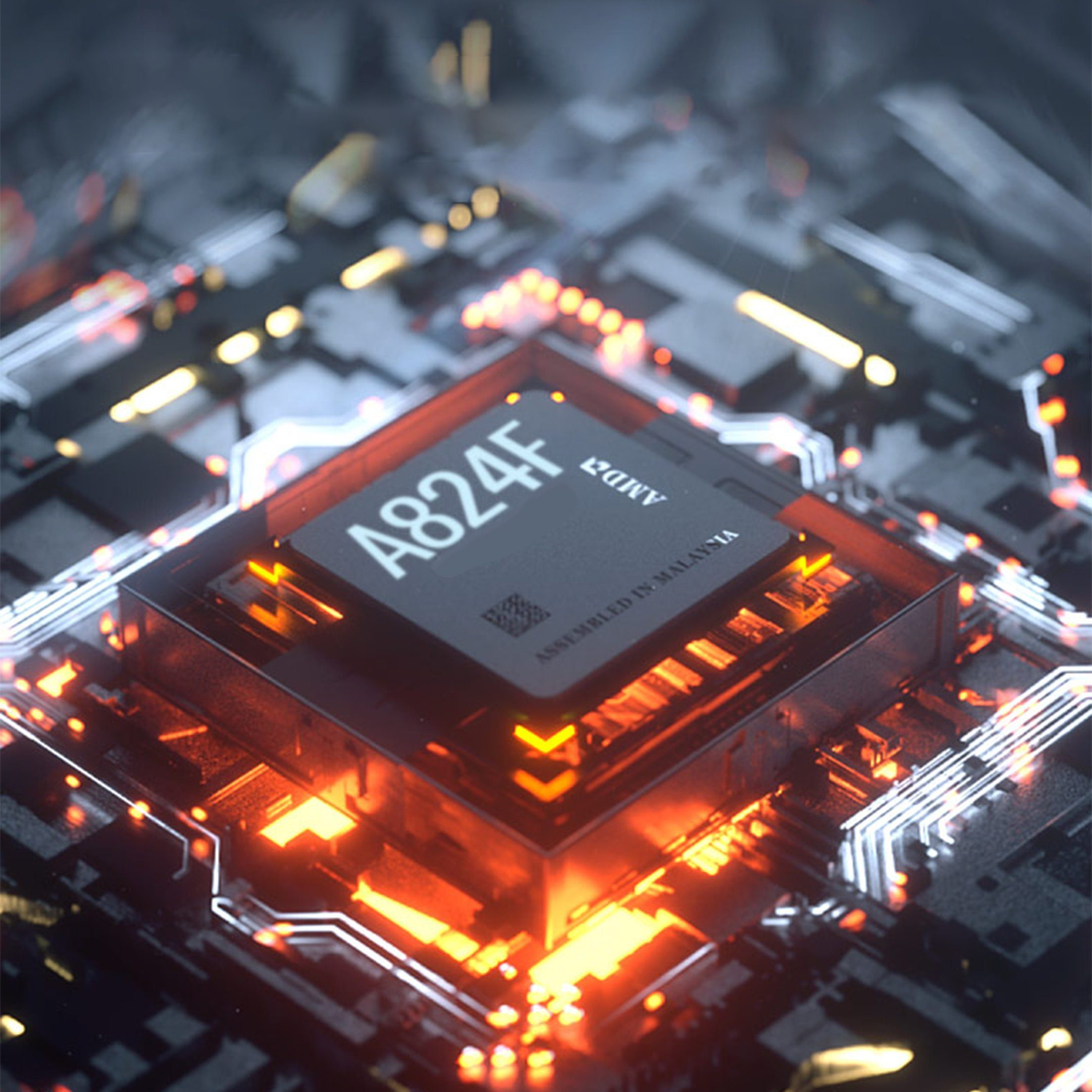 Zbliżenie na chip komputerowy z napisem A824F. Chip otoczony jest świecącymi światłami.