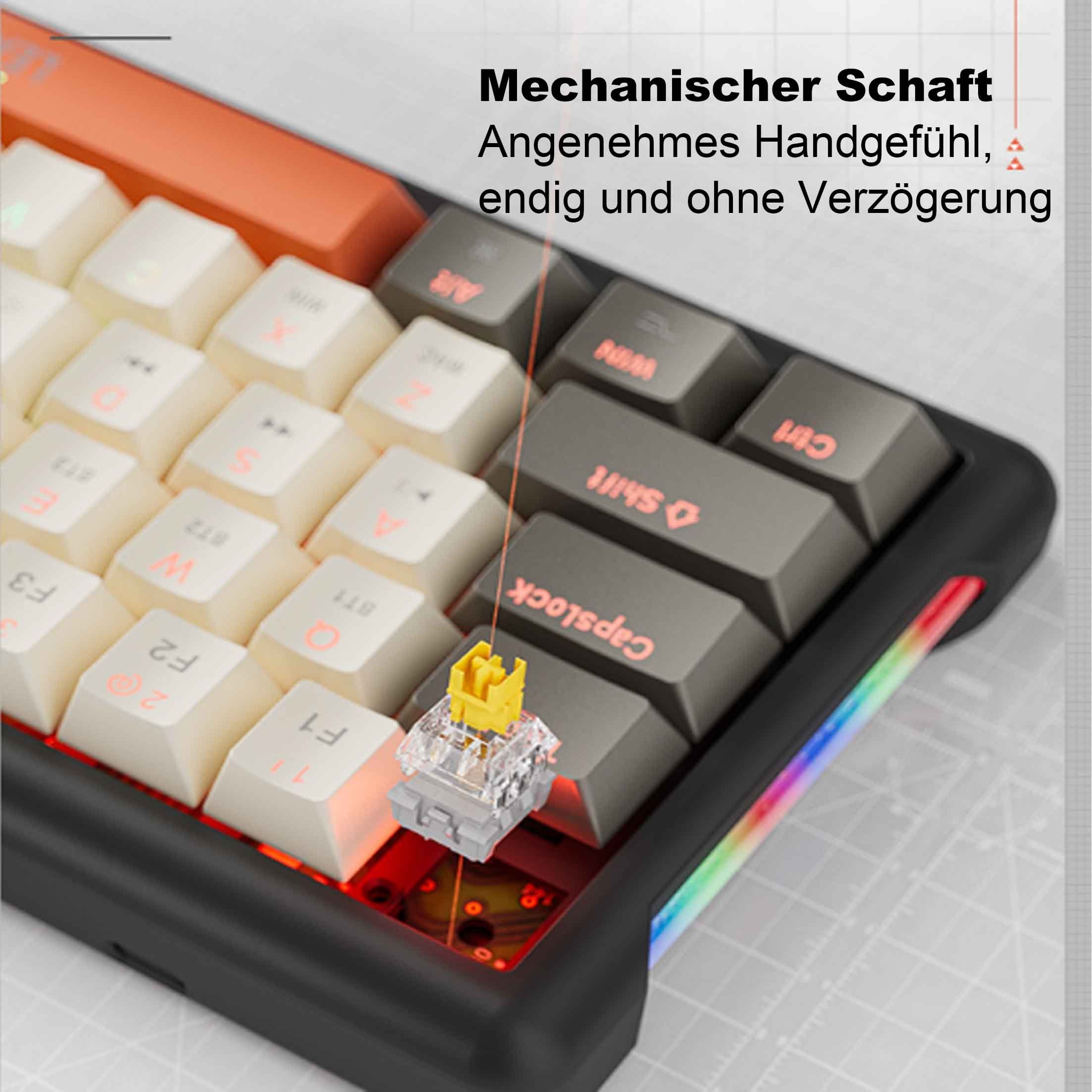 Nahaufnahme einer mechanischen Tastatur. Schalter sichtbar, zusammen mit Tasten. Orange und Grau.