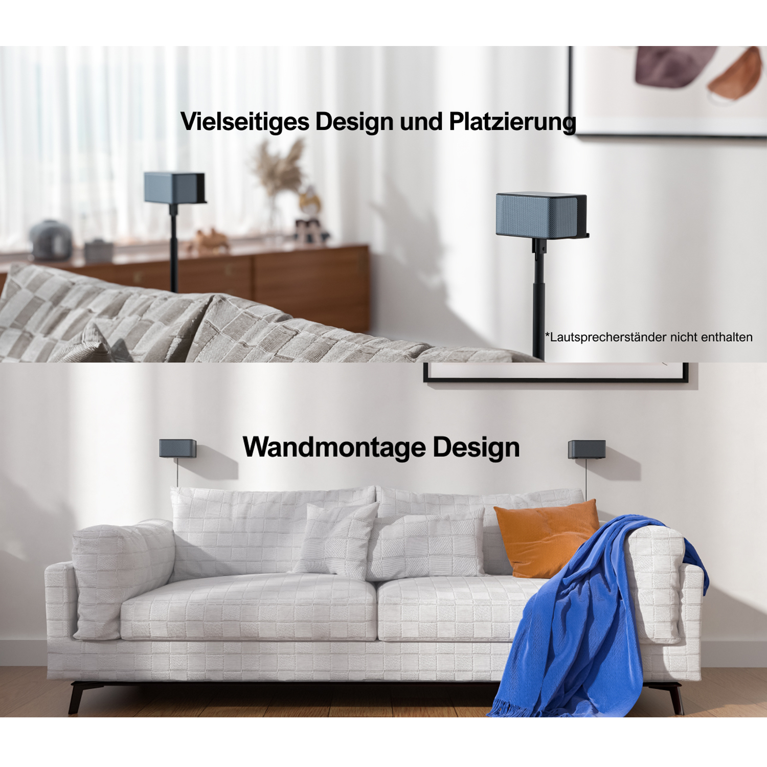 Dwa obrazy: Głośnik na stojaku i zamontowany na ścianie. Tekst brzmi 'Wszechstronny design i rozmieszczenie'.