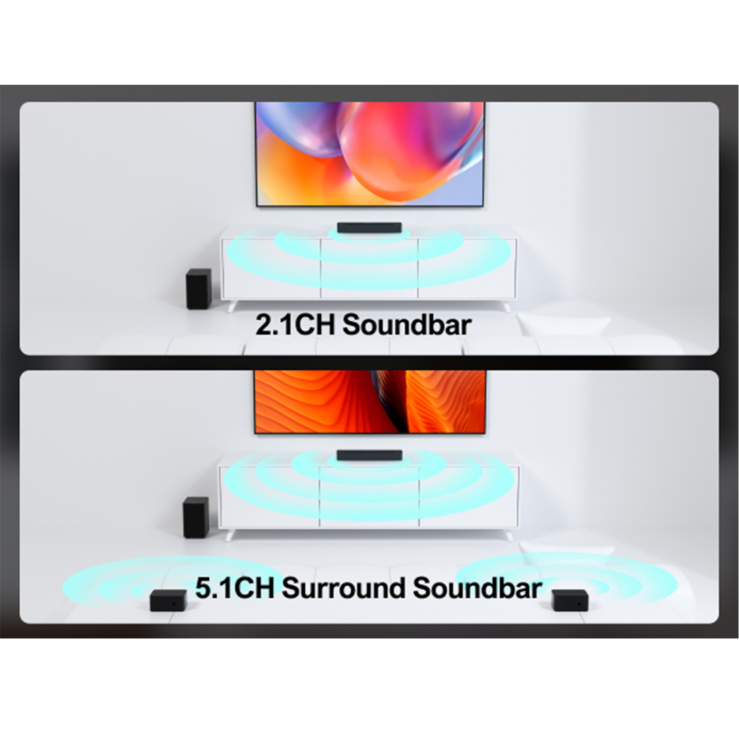 Zwei Bilder, die 2.1CH- und 5.1CH-Soundbars vergleichen. Beide auf weißer Oberfläche mit Fernseher im Hintergrund.