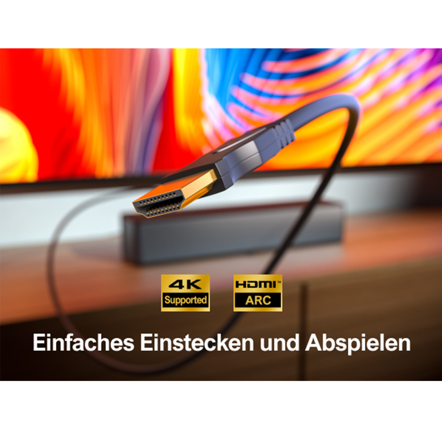 HDMI-Kabel mit goldfarbenen Steckern und einem schwarz-blauen Kabel. Text: Einfaches Einstecken und Abspielen.