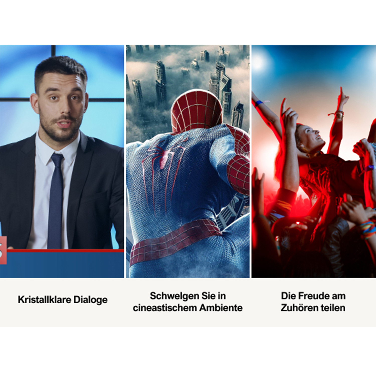 Ein Triptychon von Bildern. Ein Mann im Anzug, Spiderman auf einem Gebäude und eine Menge mit erhobenen Armen.