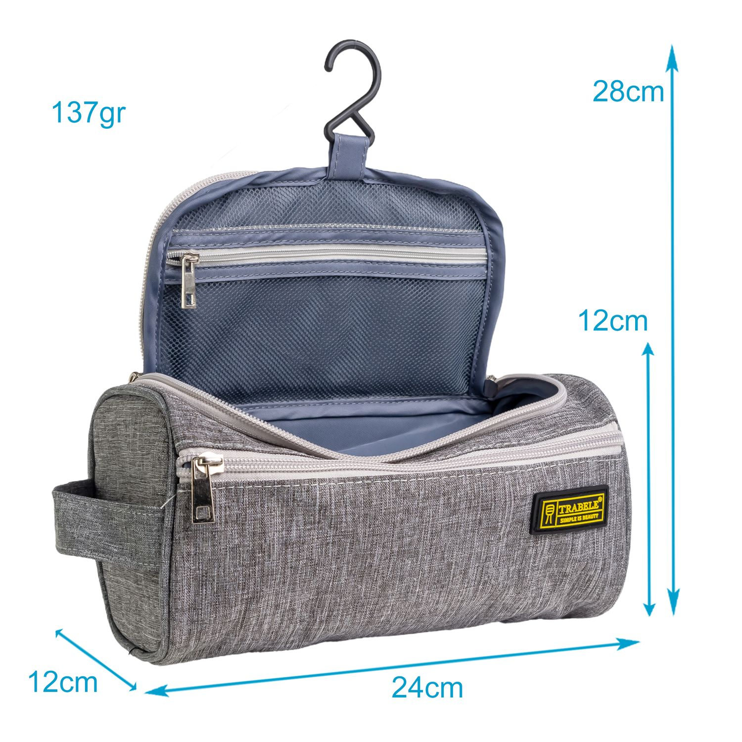 Graue Kulturtasche geöffnet mit Inhalt. Abmessungen angegeben. Weißer Hintergrund.