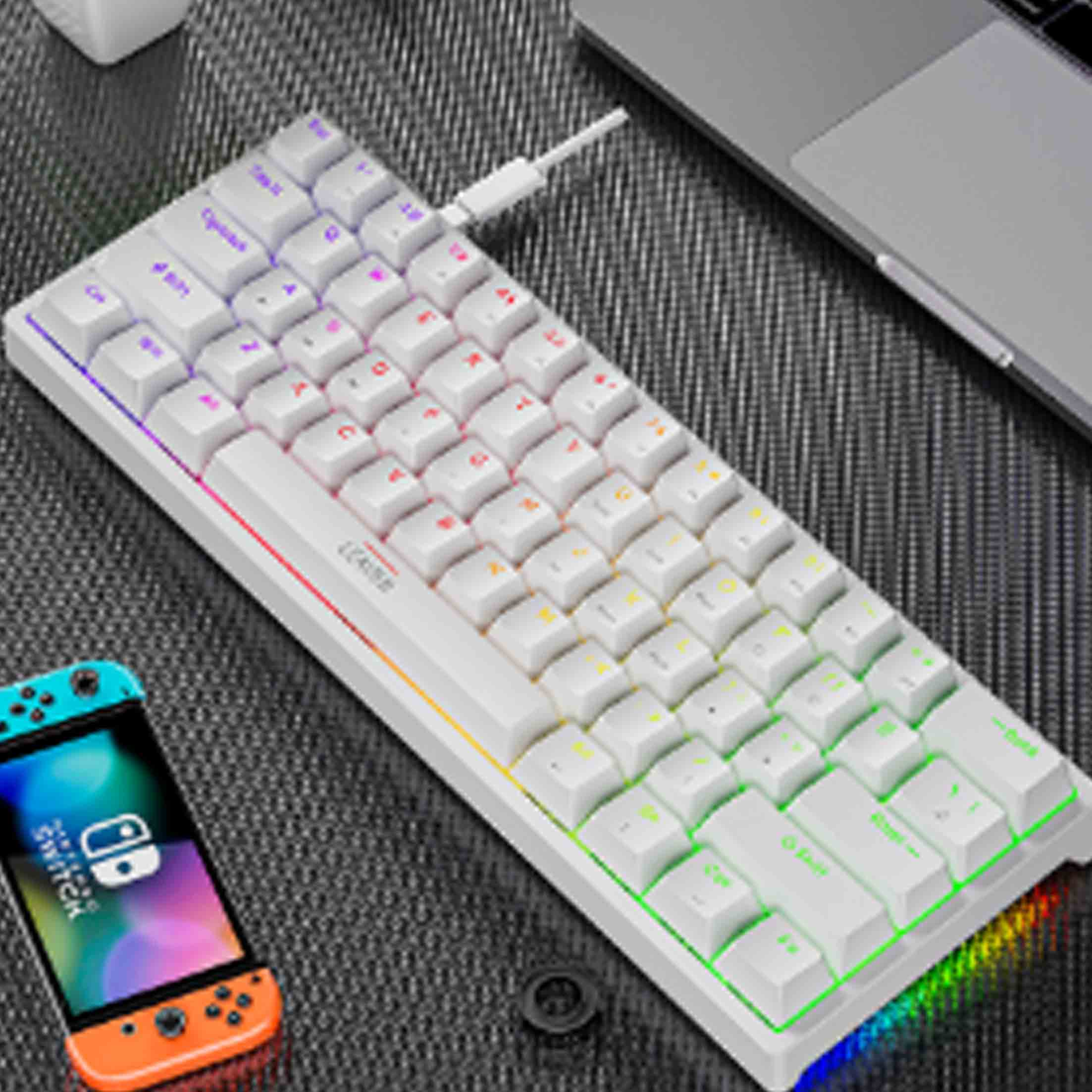 Weiße Tastatur mit regenbogenfarben beleuchteten Tasten, Nintendo Switch und Laptop. Die Tastatur ist verkabelt.