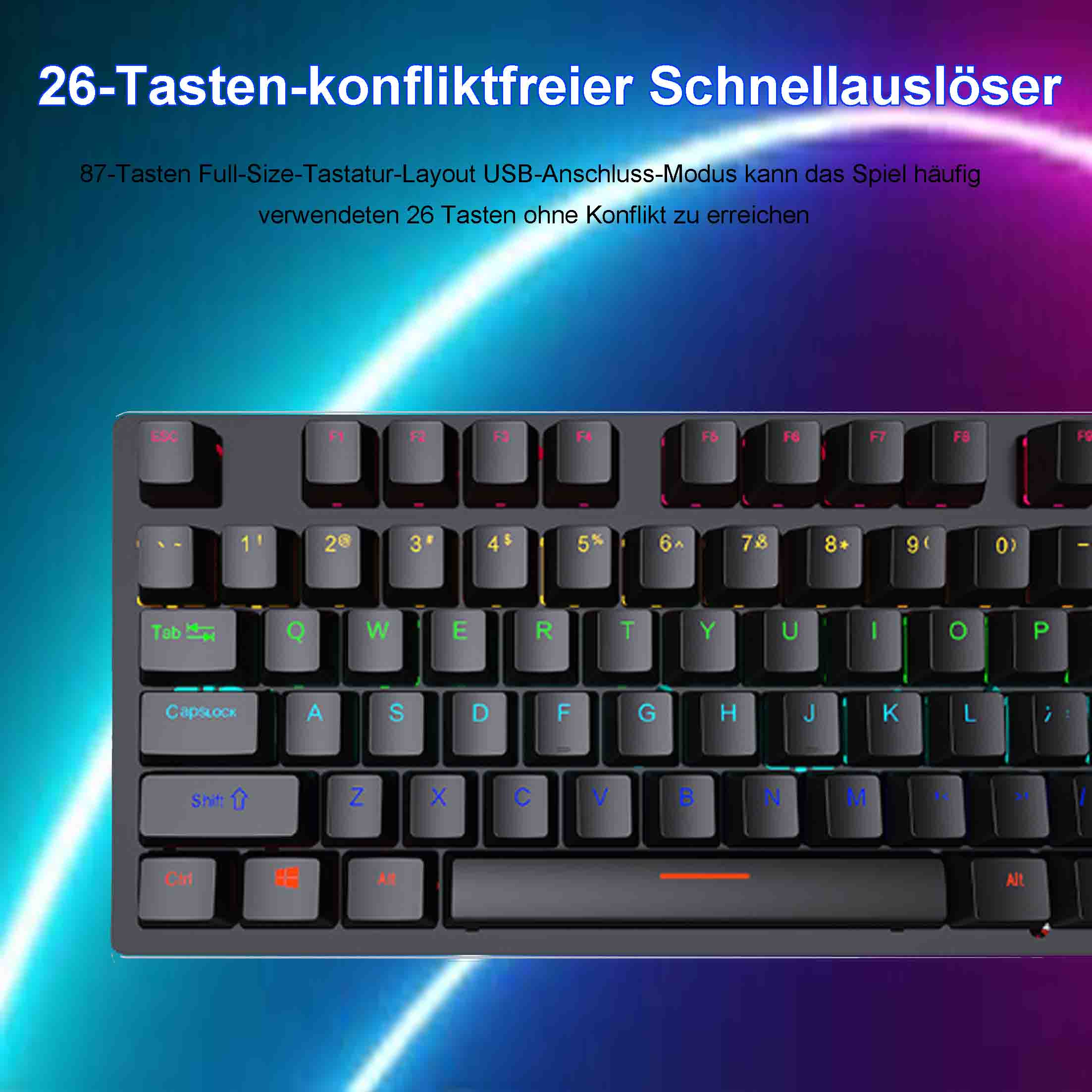 Czarna klawiatura z tęczowymi klawiszami i tekstem u góry, który mówi 26-Key Anti-Ghosting.