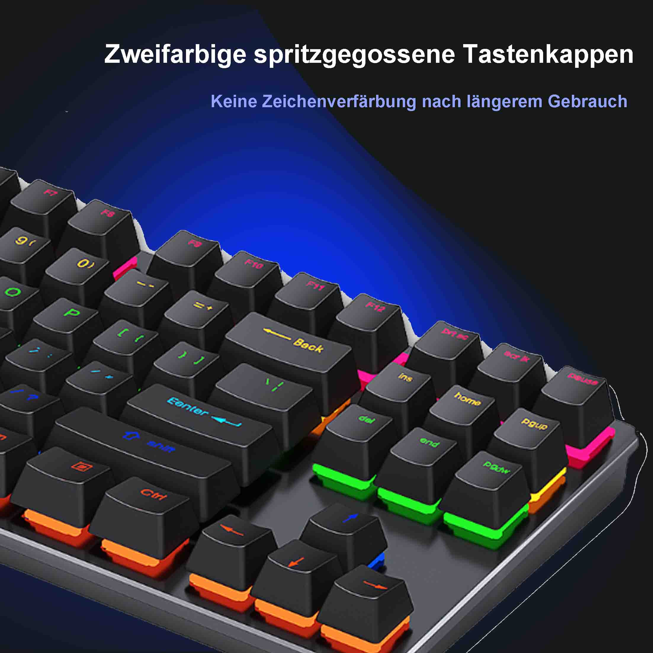 Zbliżenie klawiatury z czarnymi klawiszami, podświetlonymi na pomarańczowo, zielono i niebiesko.