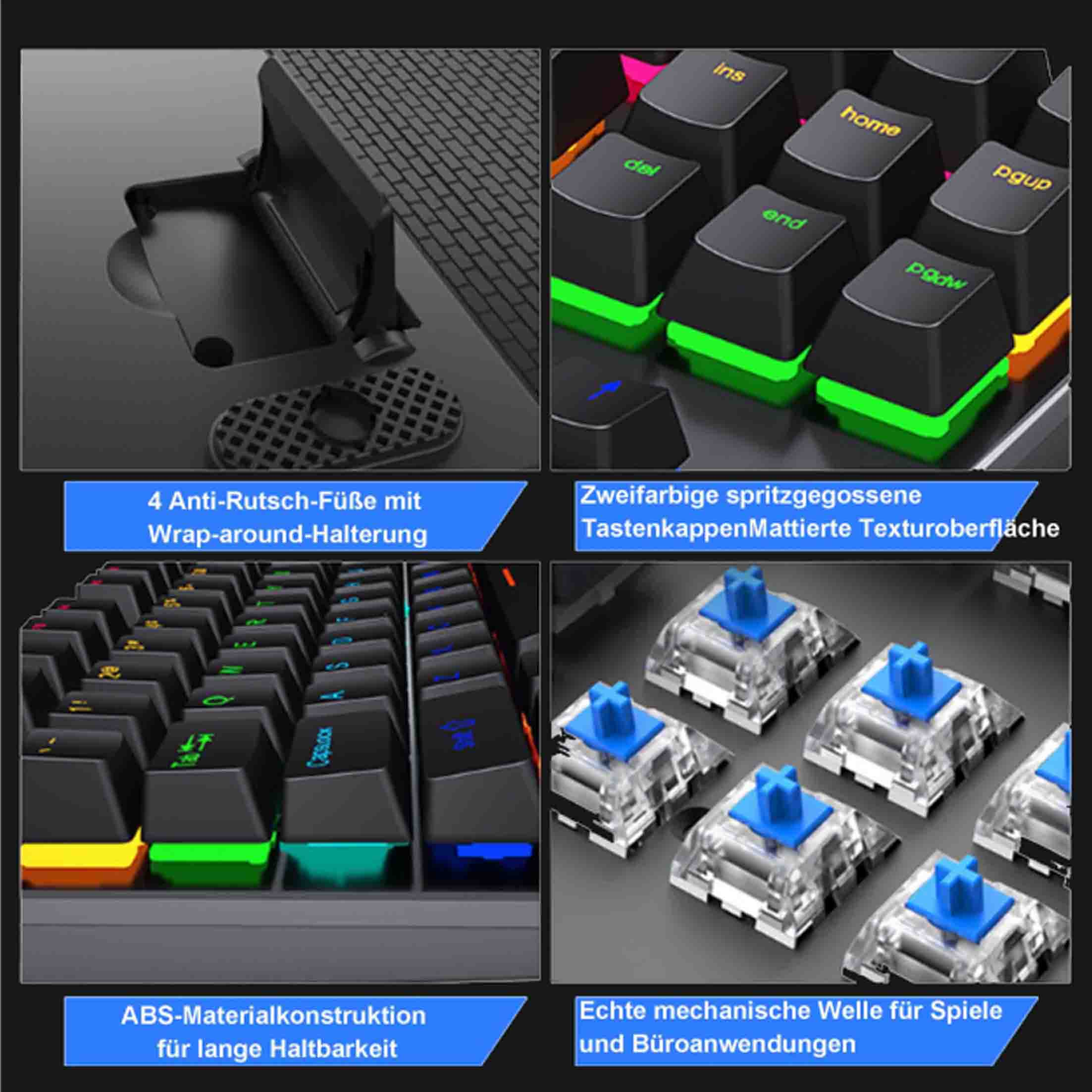 Zbliżenie klawiatury dla graczy z nakładkami na klawisze, przełącznikami i podkładkami antypoślizgowymi.