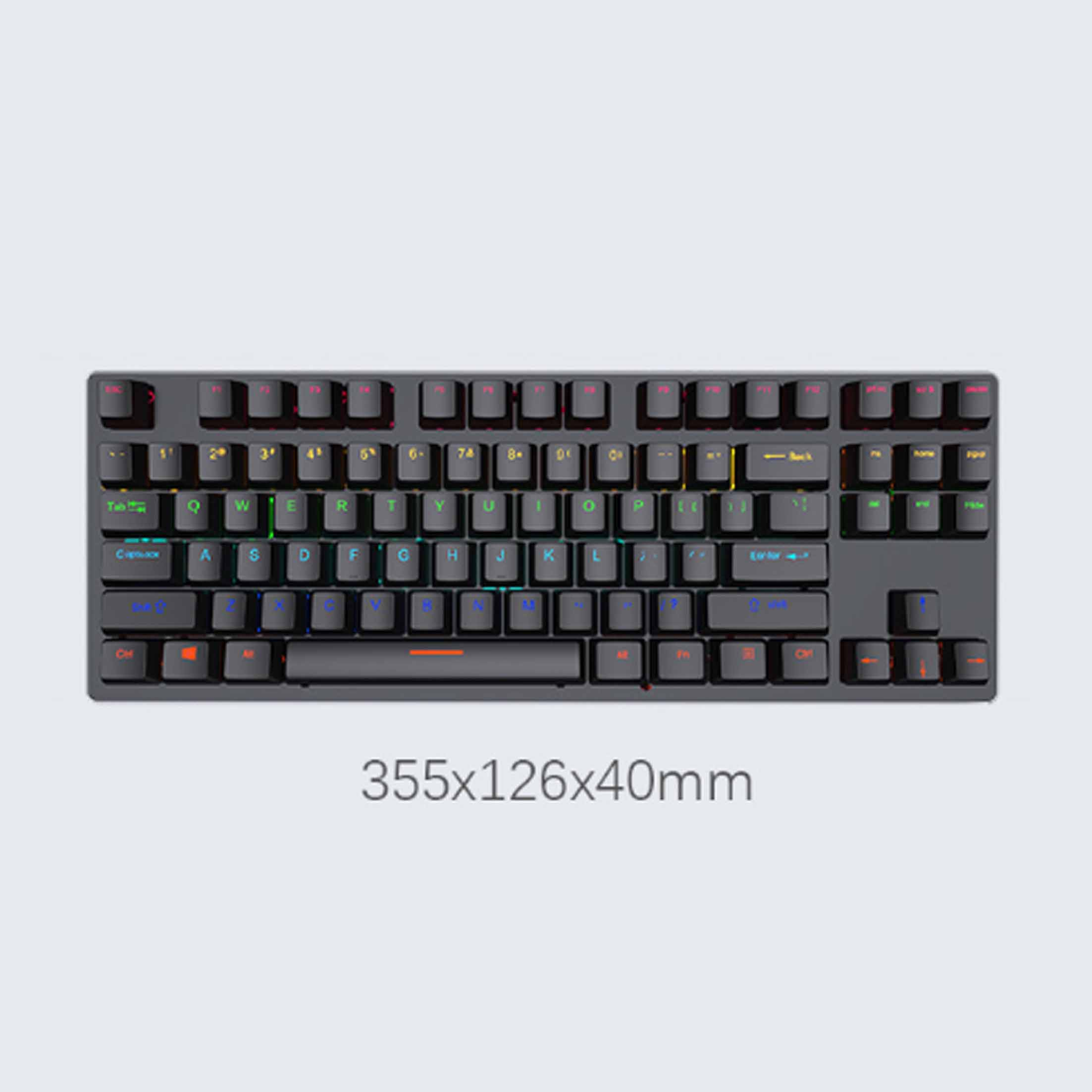 Czarna klawiatura z wielokolorowymi klawiszami, wymiary 355x126x40mm, na białym tle.