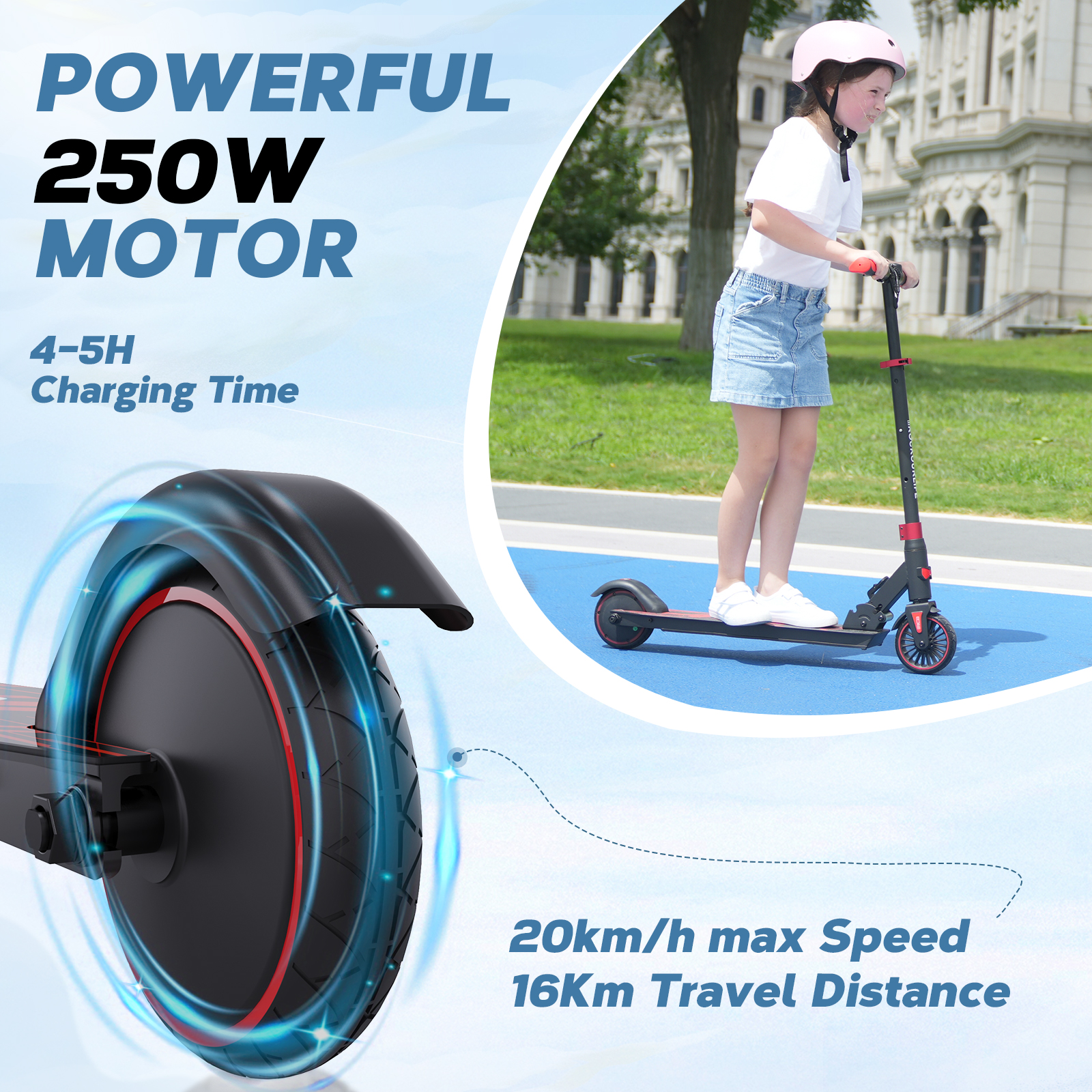 Ein Mädchen fährt einen schwarz-roten Roller auf einer blauen Oberfläche, mit Text über Motor und Geschwindigkeit.