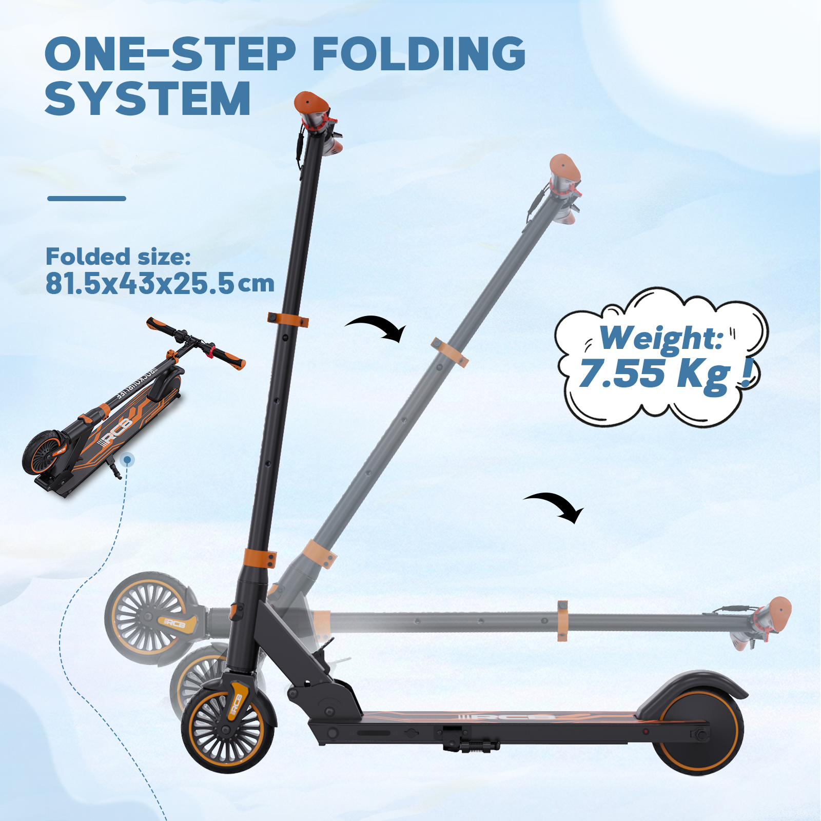 Klapproller mit Maßen und Gewicht. Der Roller ist schwarz und orange, zusammengeklappt.