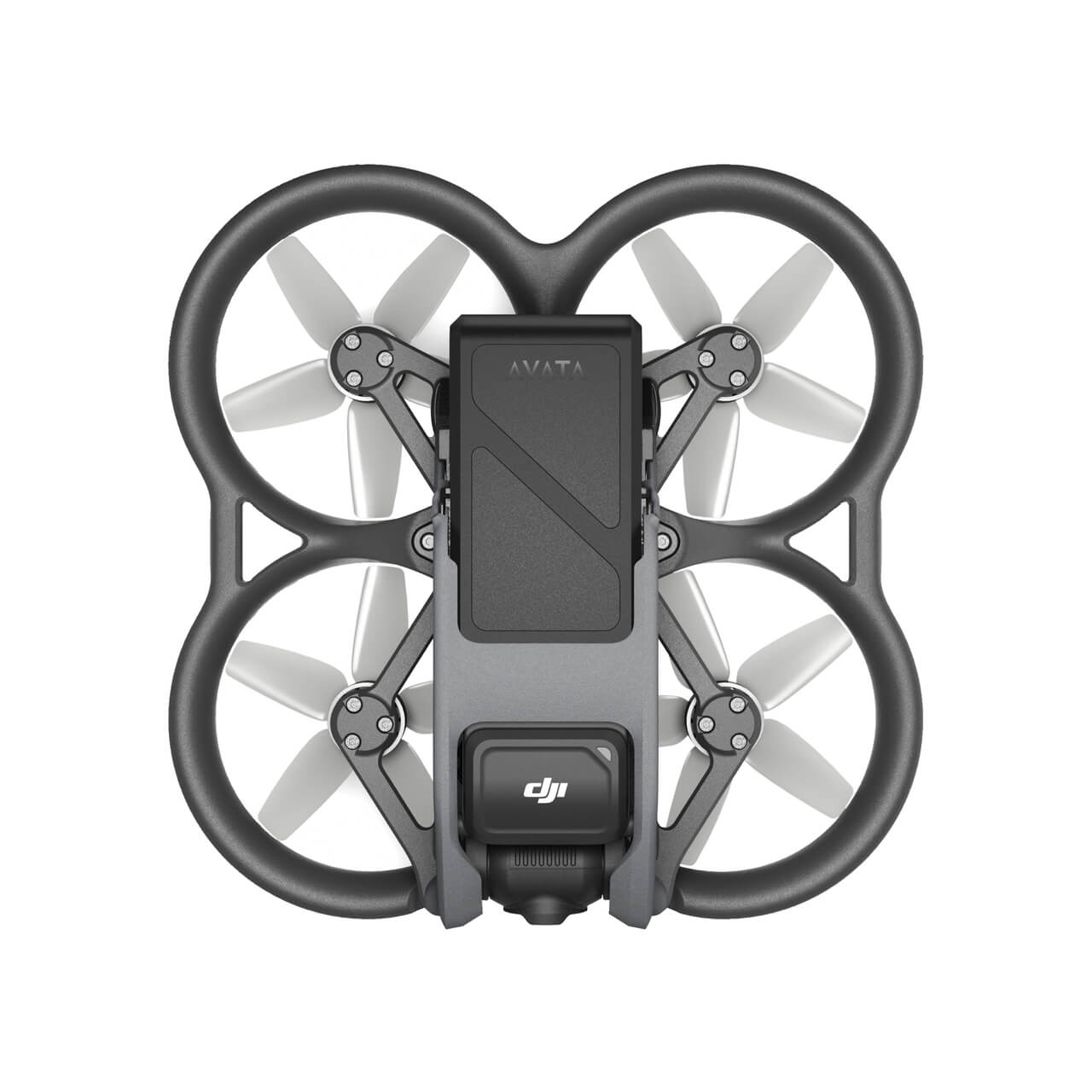Un dron con cuatro hélices. Es de color gris oscuro y negro, con el logotipo.