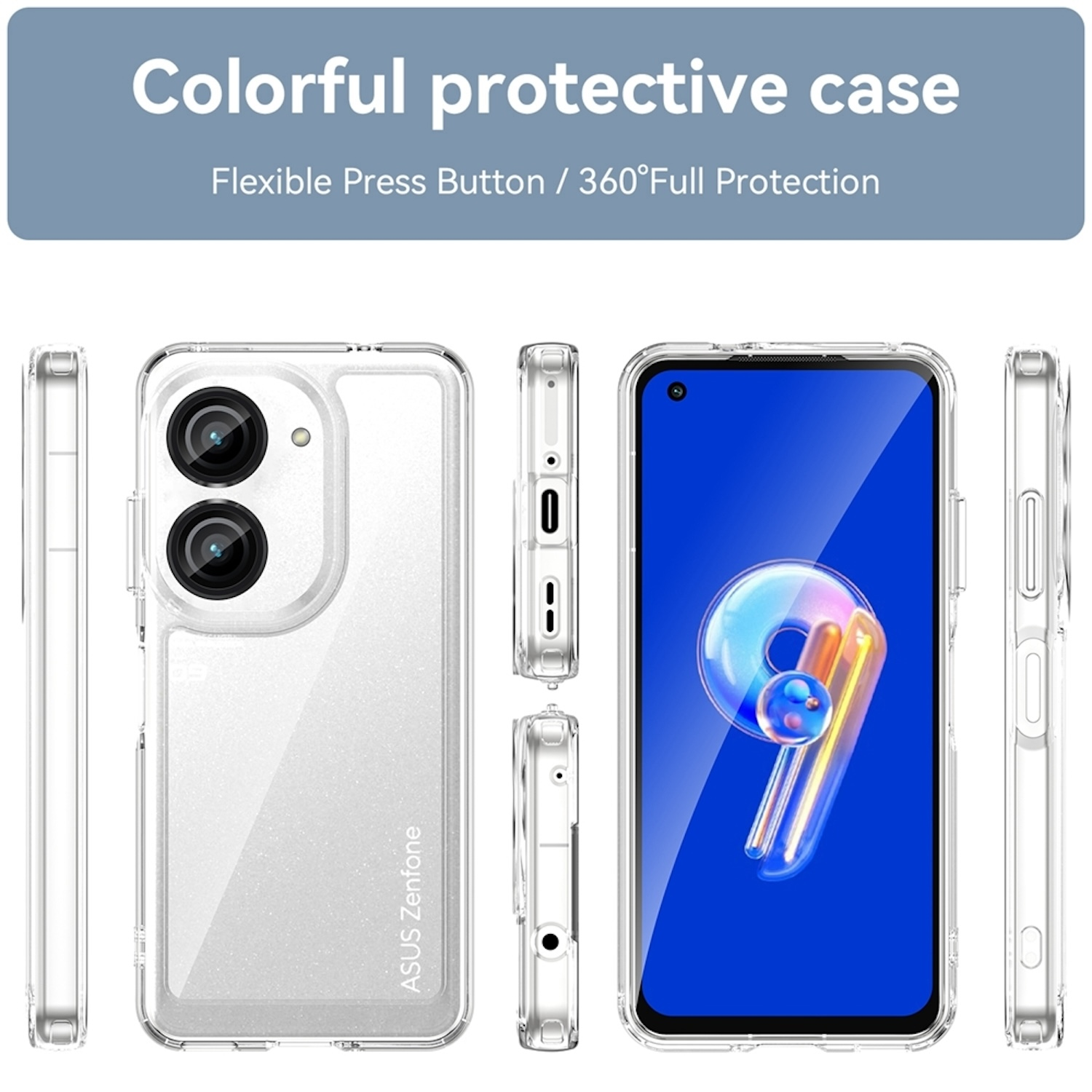 Eine transparente Handyhülle, die ein Handy zeigt. Mehrere Ansichten der Hülle sind um das Handy herum gezeigt.