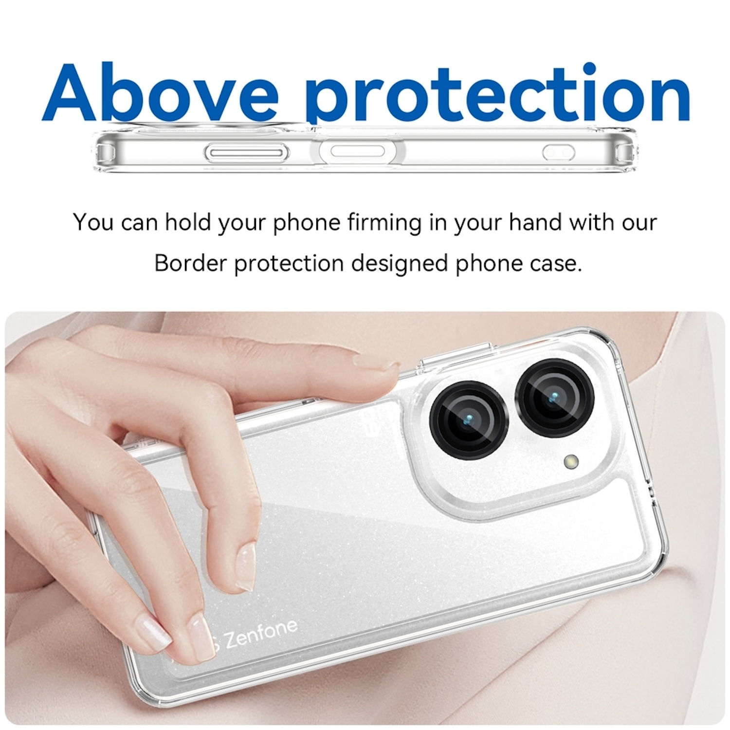 Eine Hand, die ein Telefon mit einer transparenten Schutzhülle hält.