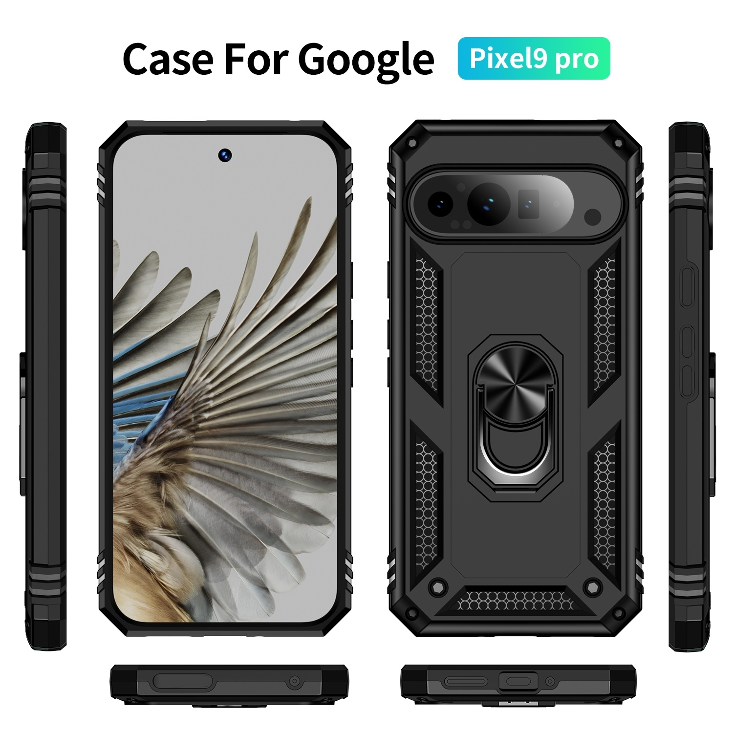 Schwarze Handyhülle für Google Pixel 9 Pro. Zeigt das Telefon aus mehreren Winkeln.