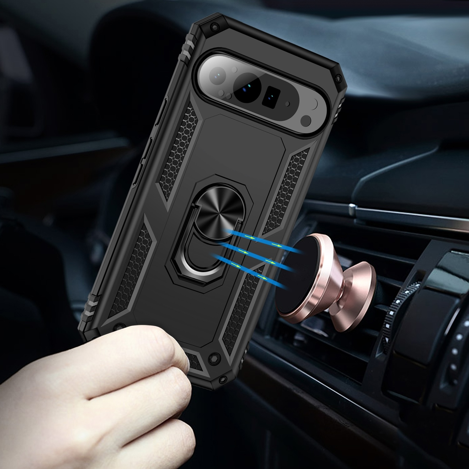 Schwarze Handyhülle mit Ringhalterung an einer Lüftungsöffnung im Auto. Die Hülle ist robust und schützend.