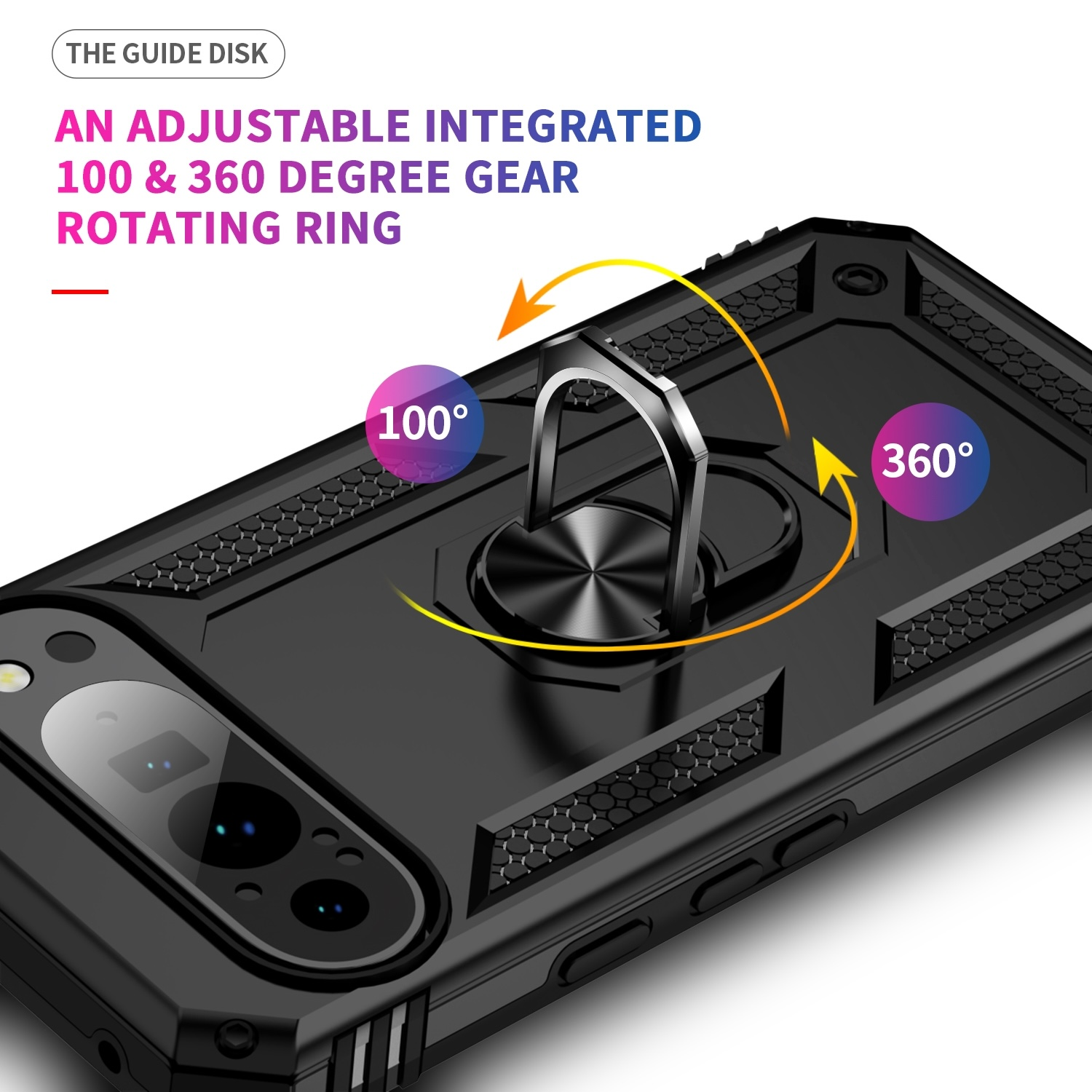 Schwarze Handyhülle mit Ring, zeigt 100 und 360 Grad Rotationsoptionen.