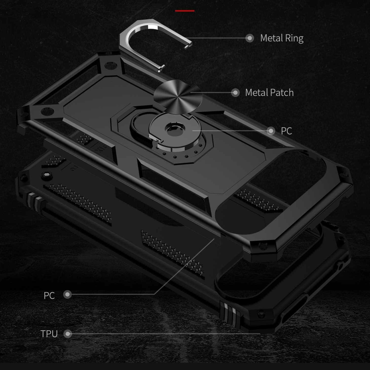 Eine schwarze Handyhülle mit Metallring und Metallaufnäher. Es ist in geschichteten Teilen.