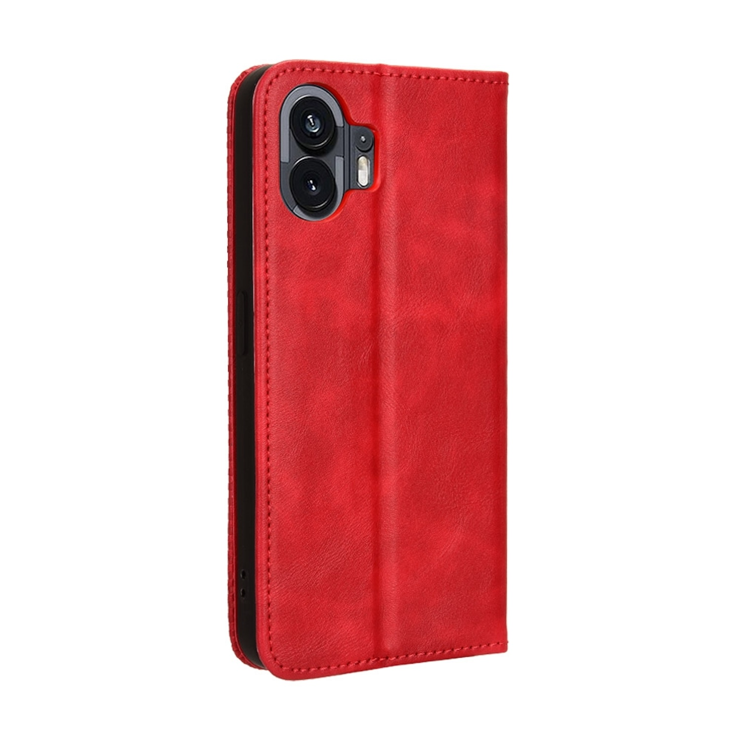 Rote Handyhülle im Brieftaschen-Design, mit der Kamera des Telefons und einem schwarzen Rand.