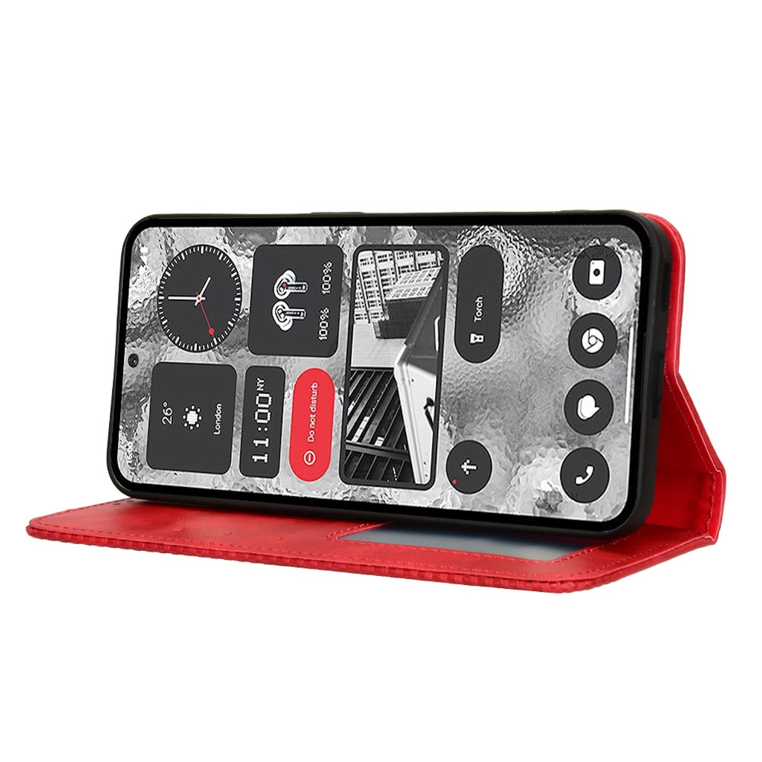 Eine rote Handyhülle, offen, mit einem Telefon darin, das den Startbildschirm mit Widgets anzeigt.