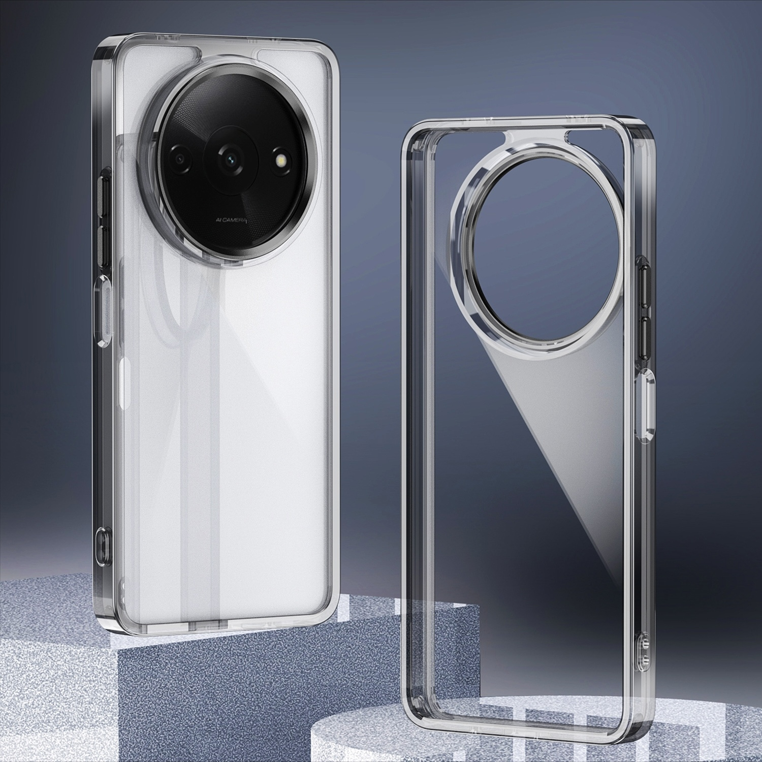 Zwei Handyhüllen, transparent mit schwarzen Kameradetails. Eine Hülle steht.