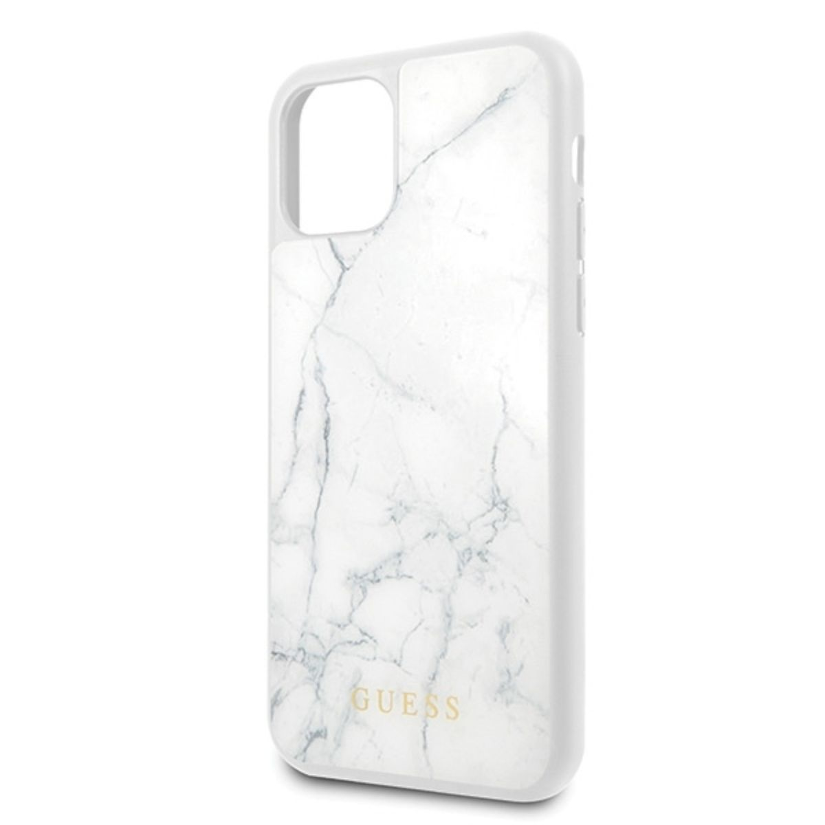 Eine weiße iPhone-Hülle mit Marmor-Design und dem Wort 'GUESS' unten in Gold.