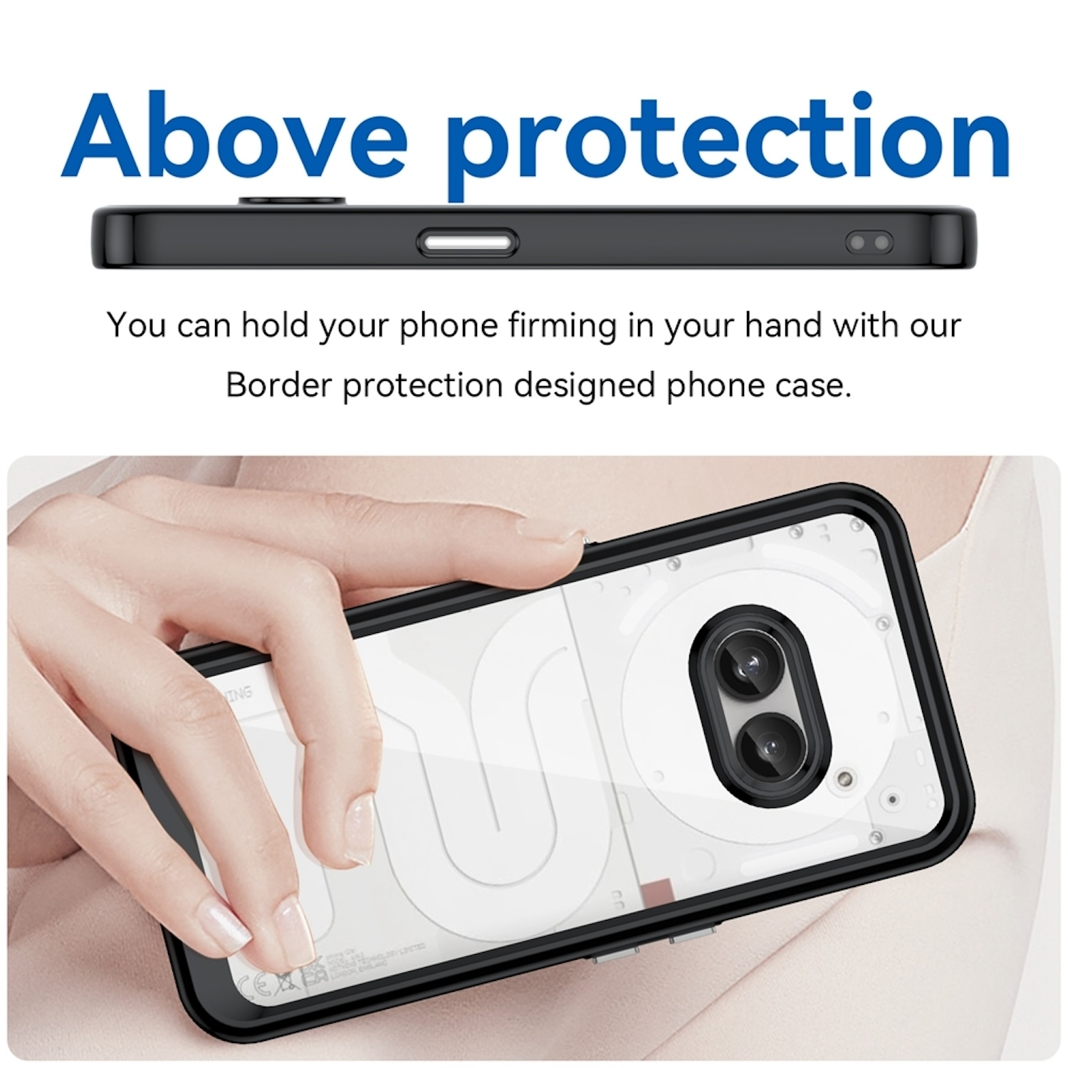 Eine schwarze Handyhülle, die von einer Hand gehalten wird. Das Telefon ist sichtbar. Text: Schutz.