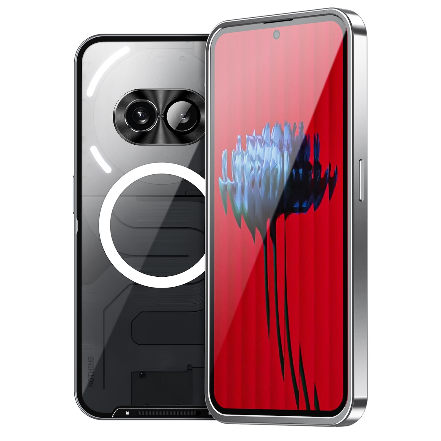 Zwei Nothing Phone (2) Handys. Eines hat eine transparente Rückseite, die das Innere zeigt. Das andere einen roten Bildschirm.