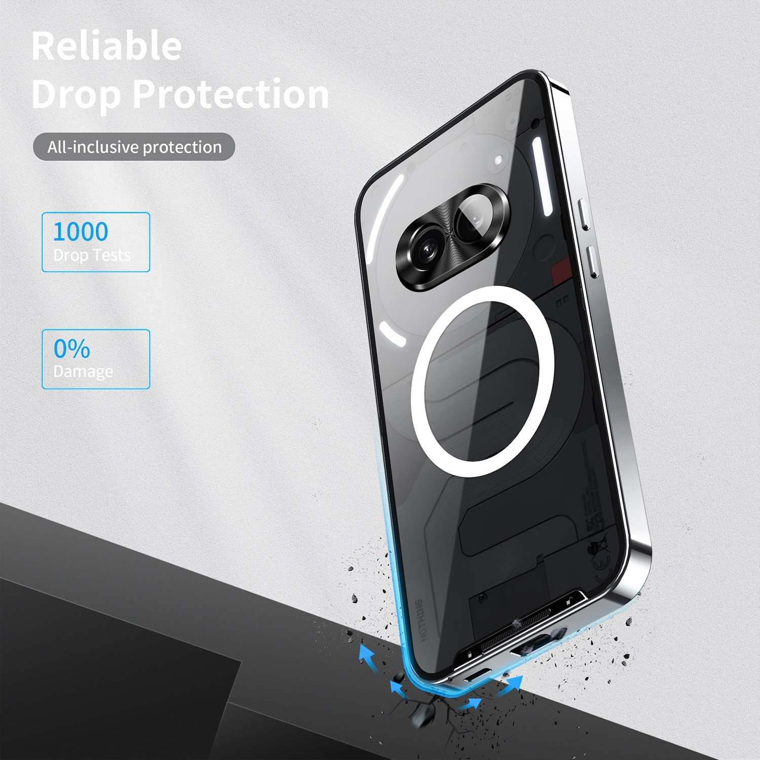 Eine Handyhülle schützt ein fallendes Handy. Die Hülle ist durchsichtig mit weißem Ringdesign.